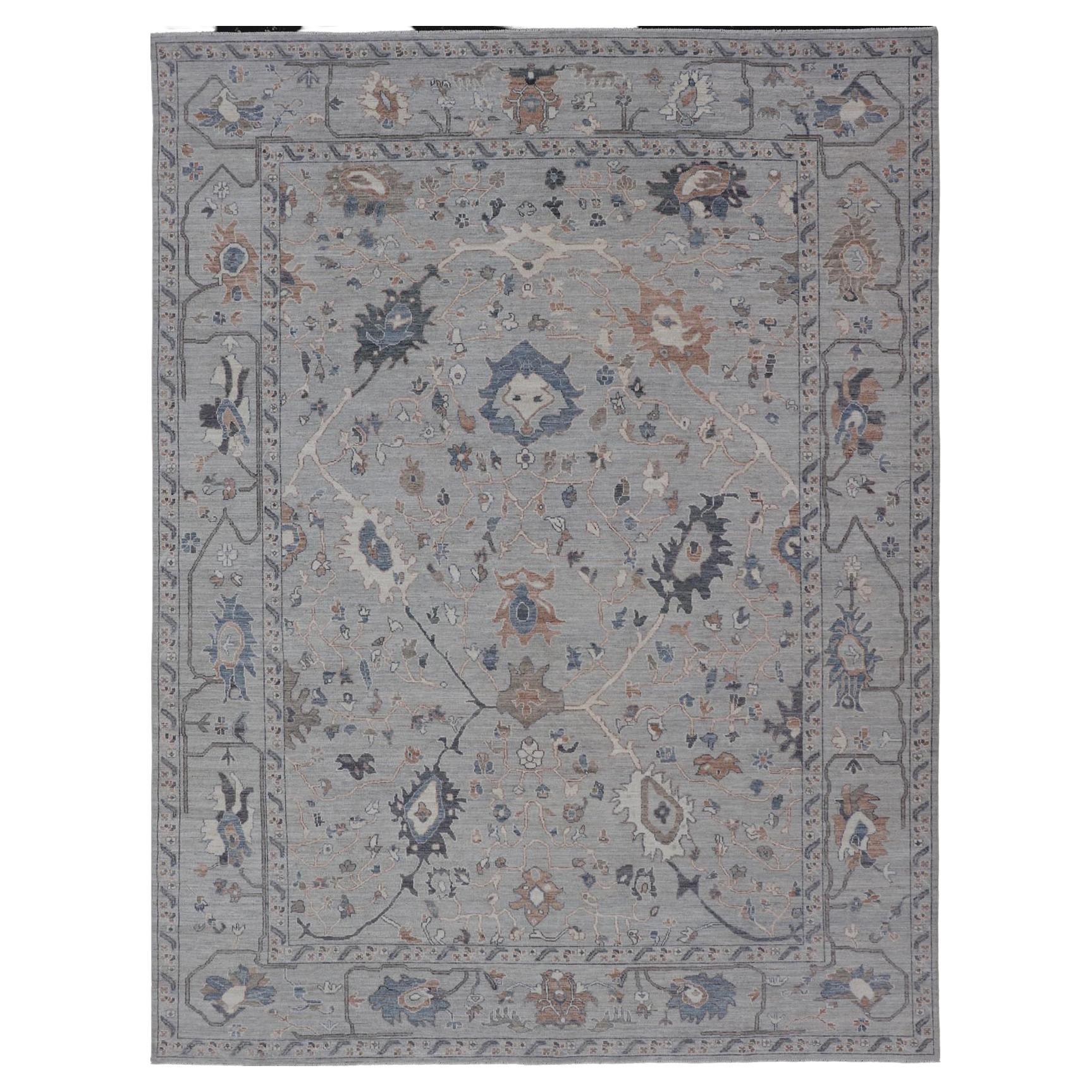 Large Floral Oushak with Muted Background in Wool With All-Over Design