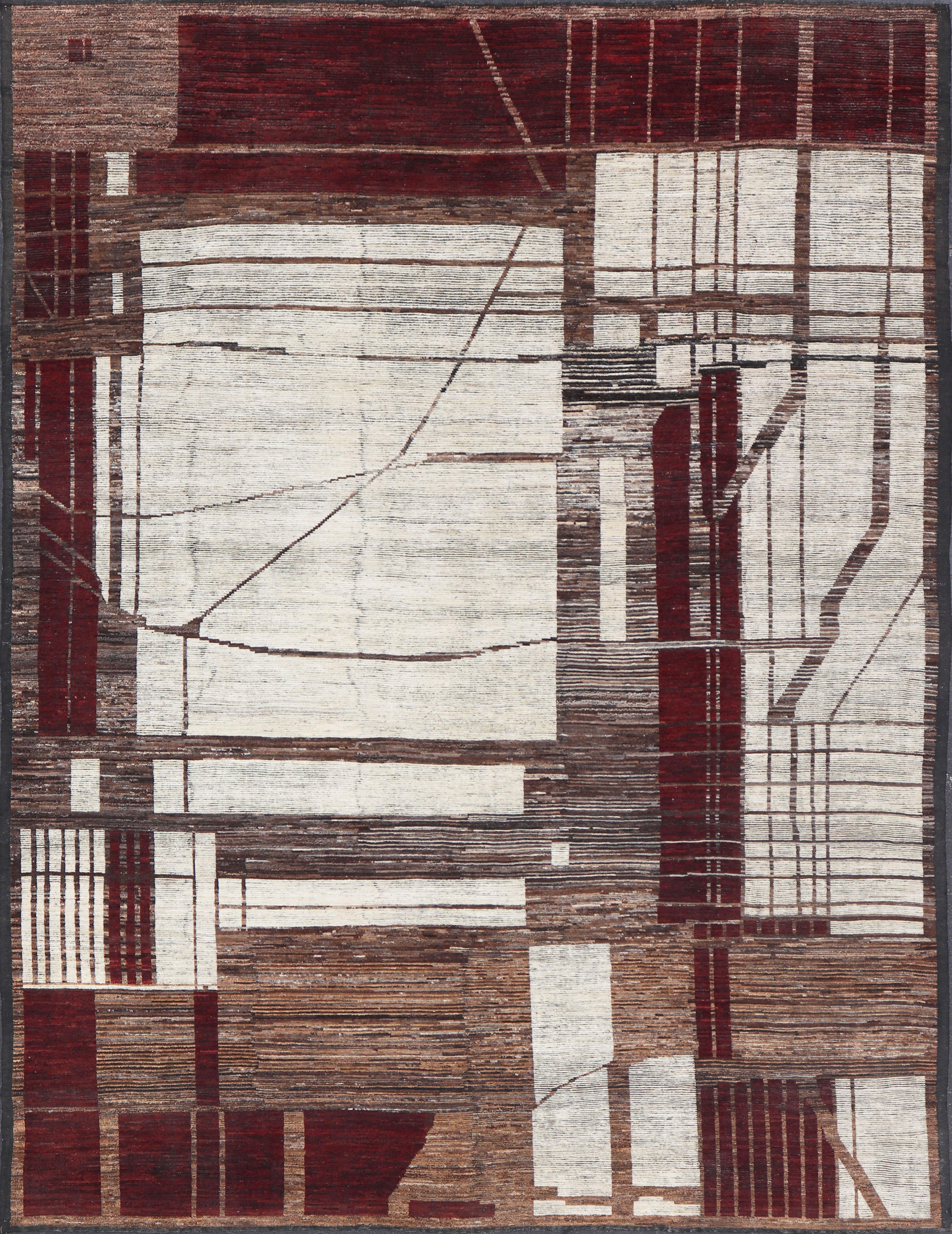 This large modern casual palace rug features an abstract sub-geometric design rendered in maroon, gray, bronze color and ivory. This modern marvel displays very complimentary colors, making this a beautiful addition to a number of