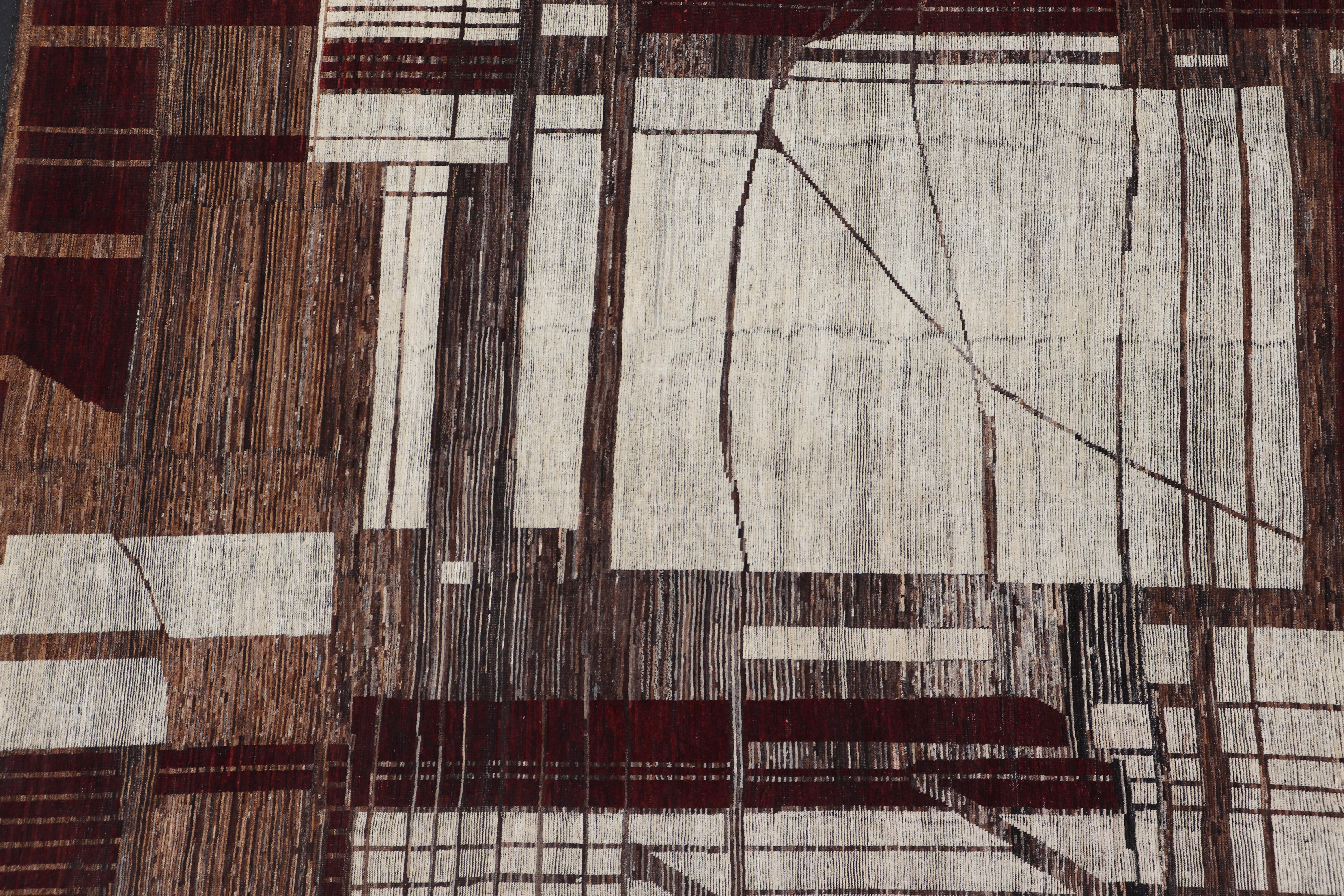 Hand-Knotted Large Afghan Modern Casual Rug in Maroon, Bronze, Cream and Gray