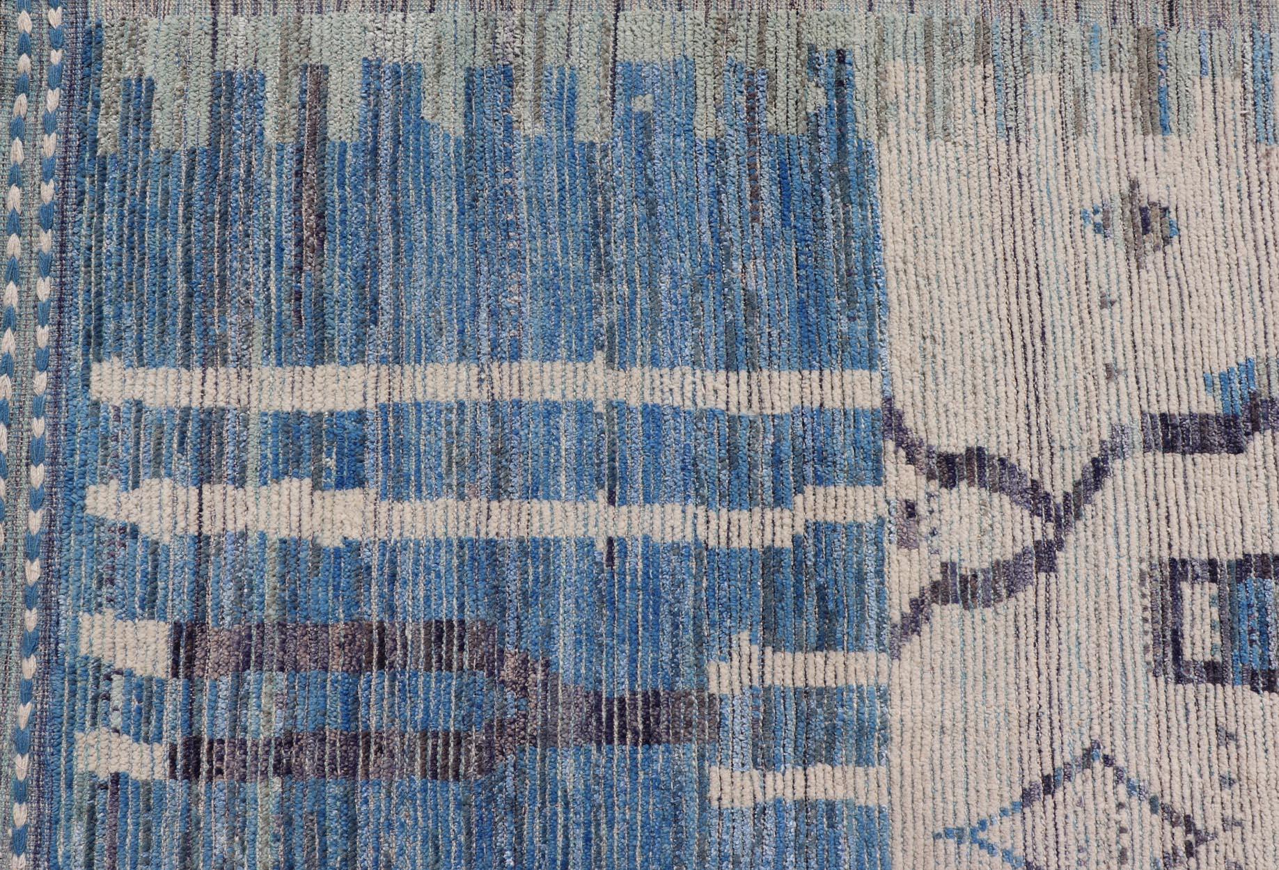 Large Afghan Modern Contemporary Abstract Rug in White and Shades of Blue.  For Sale 6