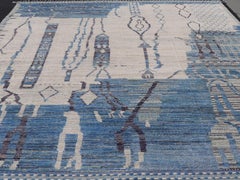 Large Afghan Modern Contemporary Abstract Rug in White and Shades of Blue.
