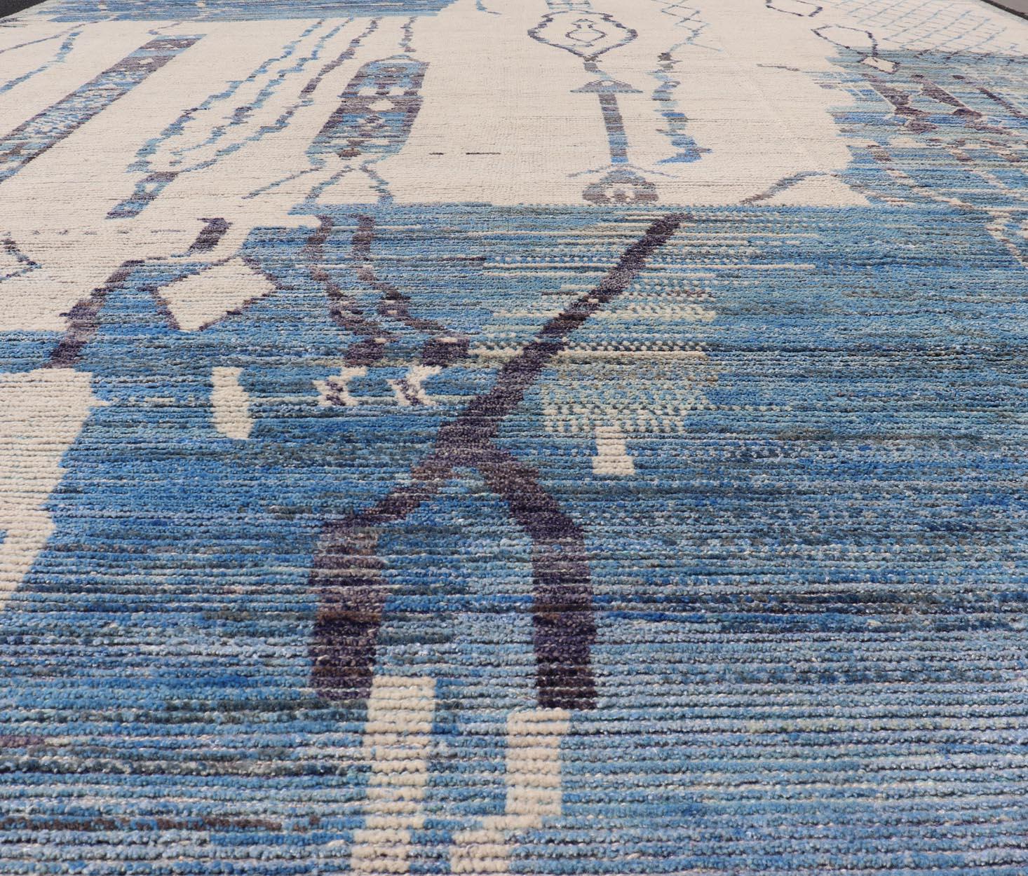 Hand-Knotted Large Afghan Modern Contemporary Abstract Rug in White and Shades of Blue.  For Sale