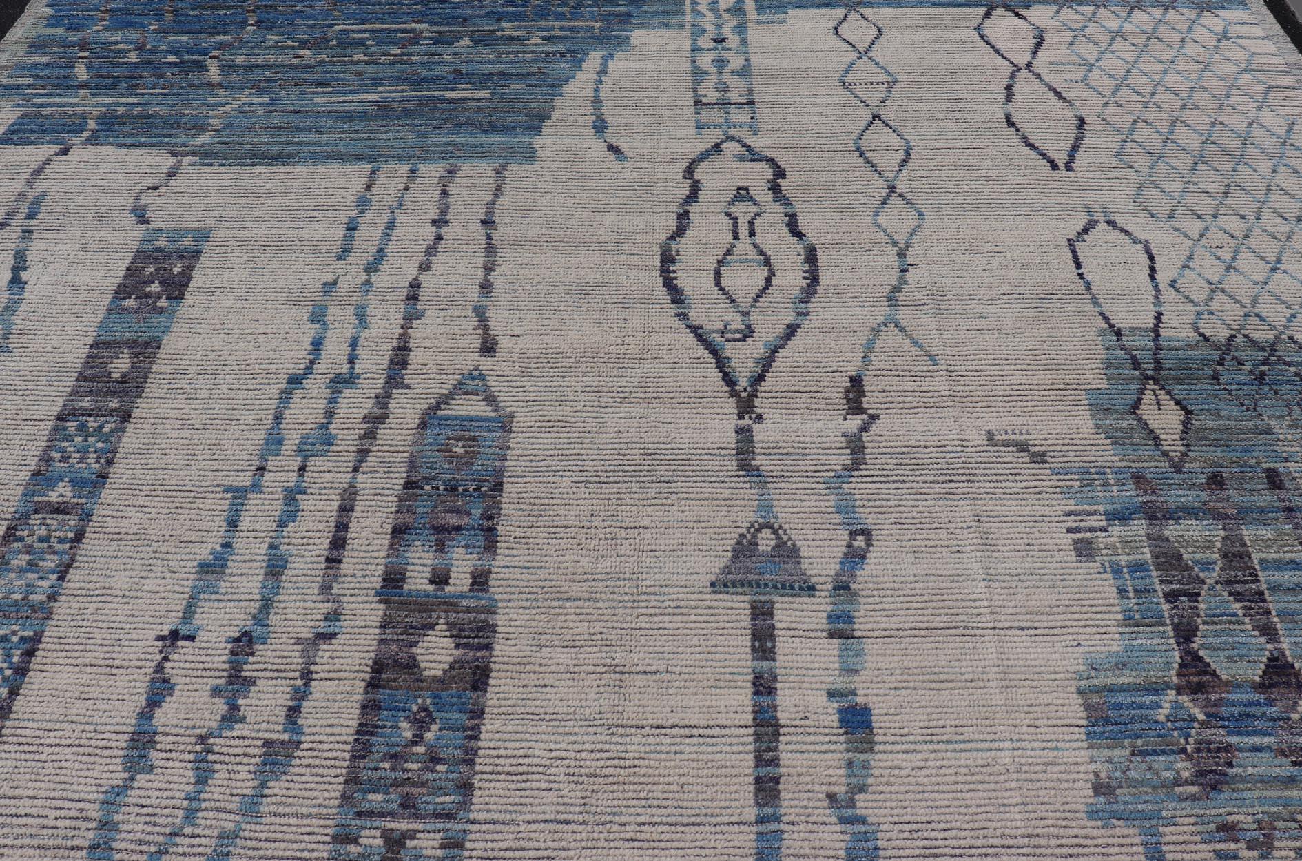 Large Afghan Modern Contemporary Abstract Rug in White and Shades of Blue.  In New Condition For Sale In Atlanta, GA