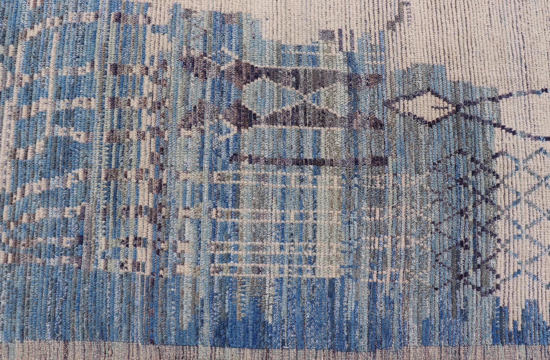 Large Afghan Modern Contemporary Abstract Rug in White and Shades of Blue.  For Sale 4