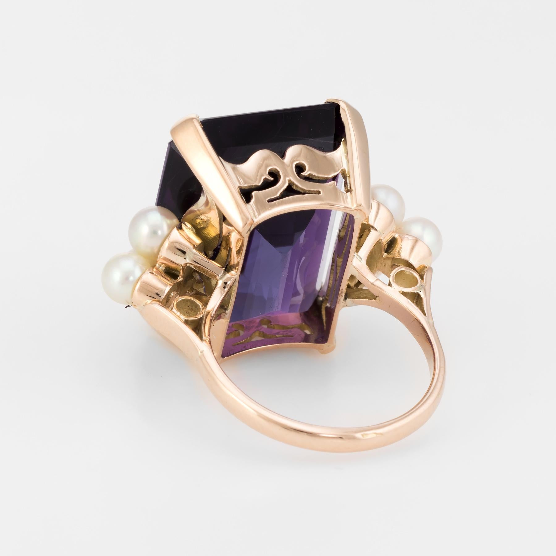 Large African Amethyst Cultured Pearl Cocktail Ring Vintage 14 Karat Gold Estate In Excellent Condition In Torrance, CA
