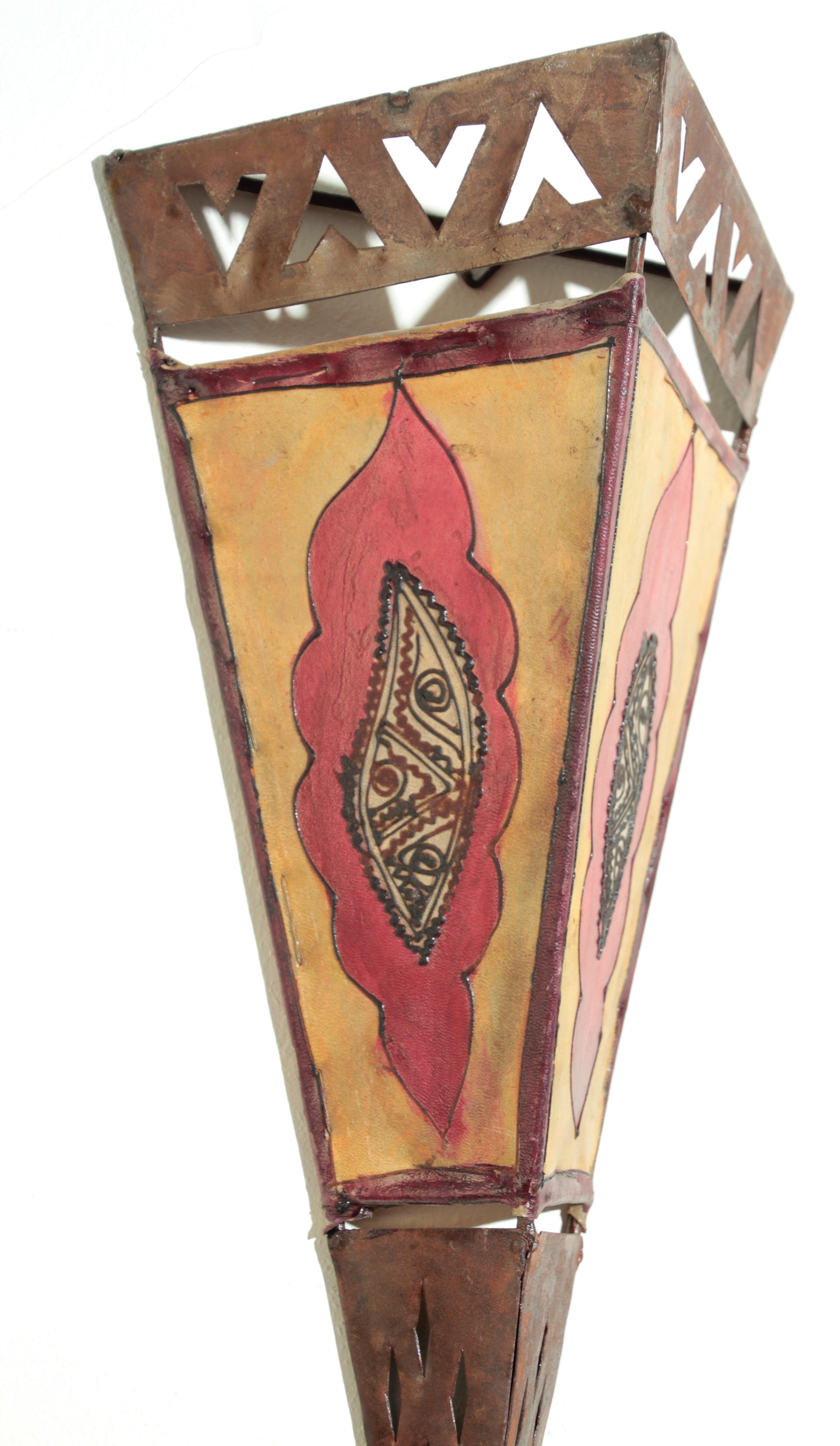 Leather Vintage Moroccan Folk Art Parchment Wall Sconce  For Sale