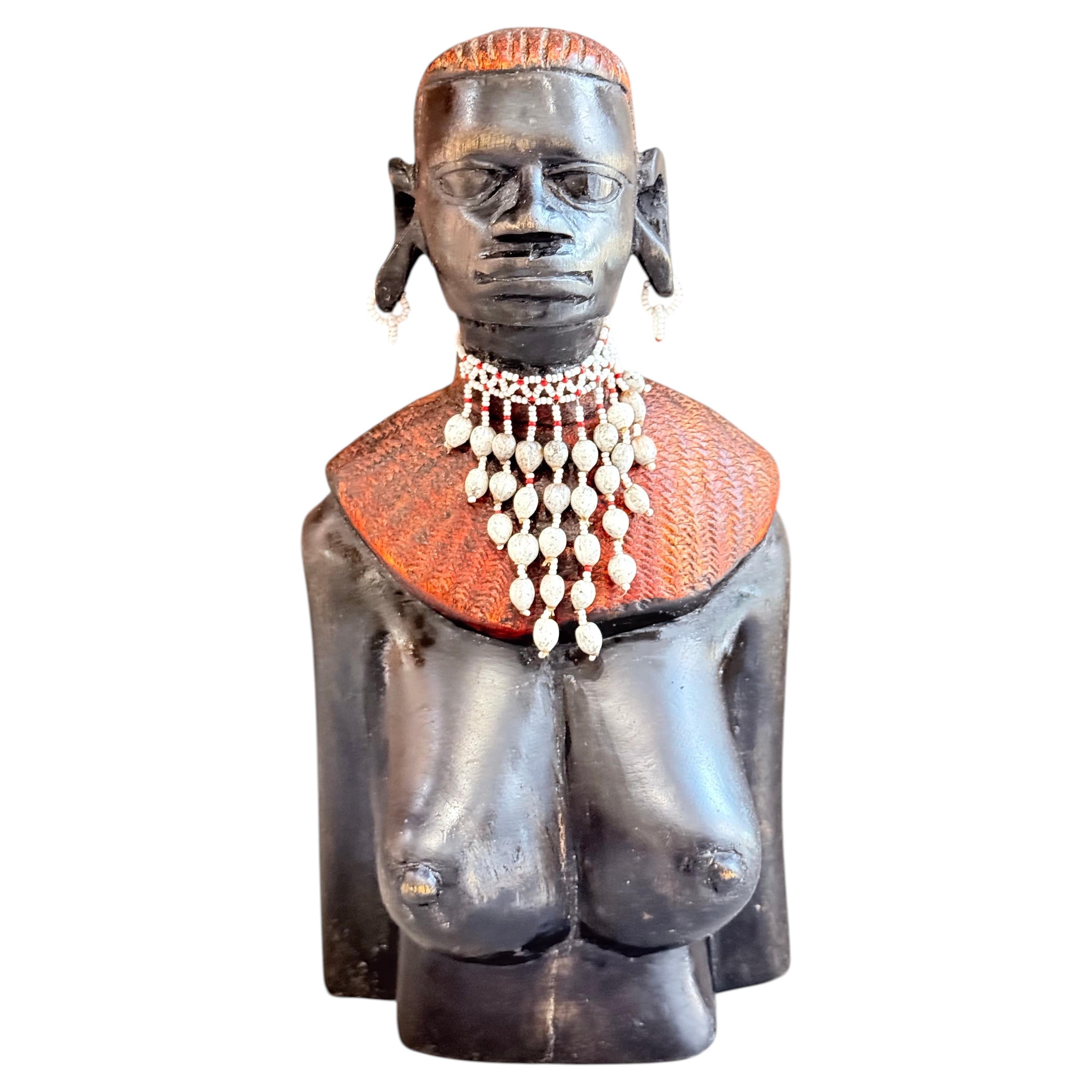 Large African Tribal Female Bust Sculpture, Hand-Carved Ethnographic Art Figure For Sale