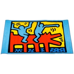 Large after Keith Haring Rug, Blue, Red, Yellow, Dancing Figures, Dog