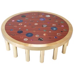 Large Agate Inlaid Sapelle and Brass Coffee Table