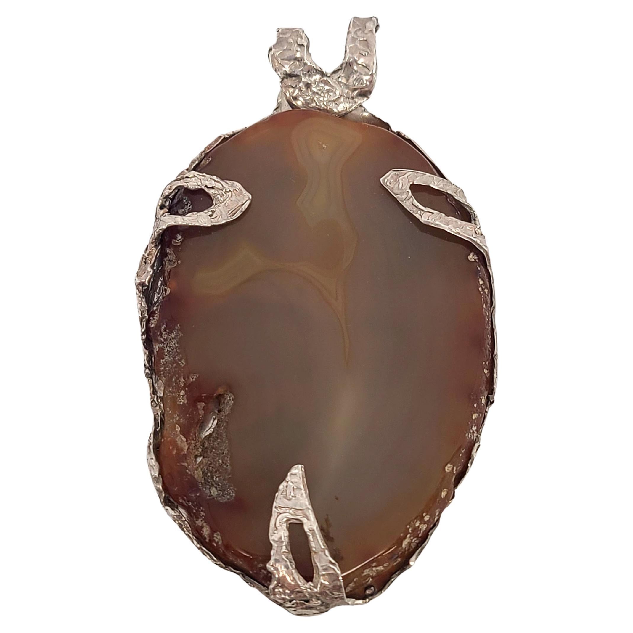 Large Agate Slice Silver Pendant For Sale