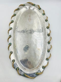 Large "Agave" Serving Tray in Silver Plate & Malachite by Emilia Castillo