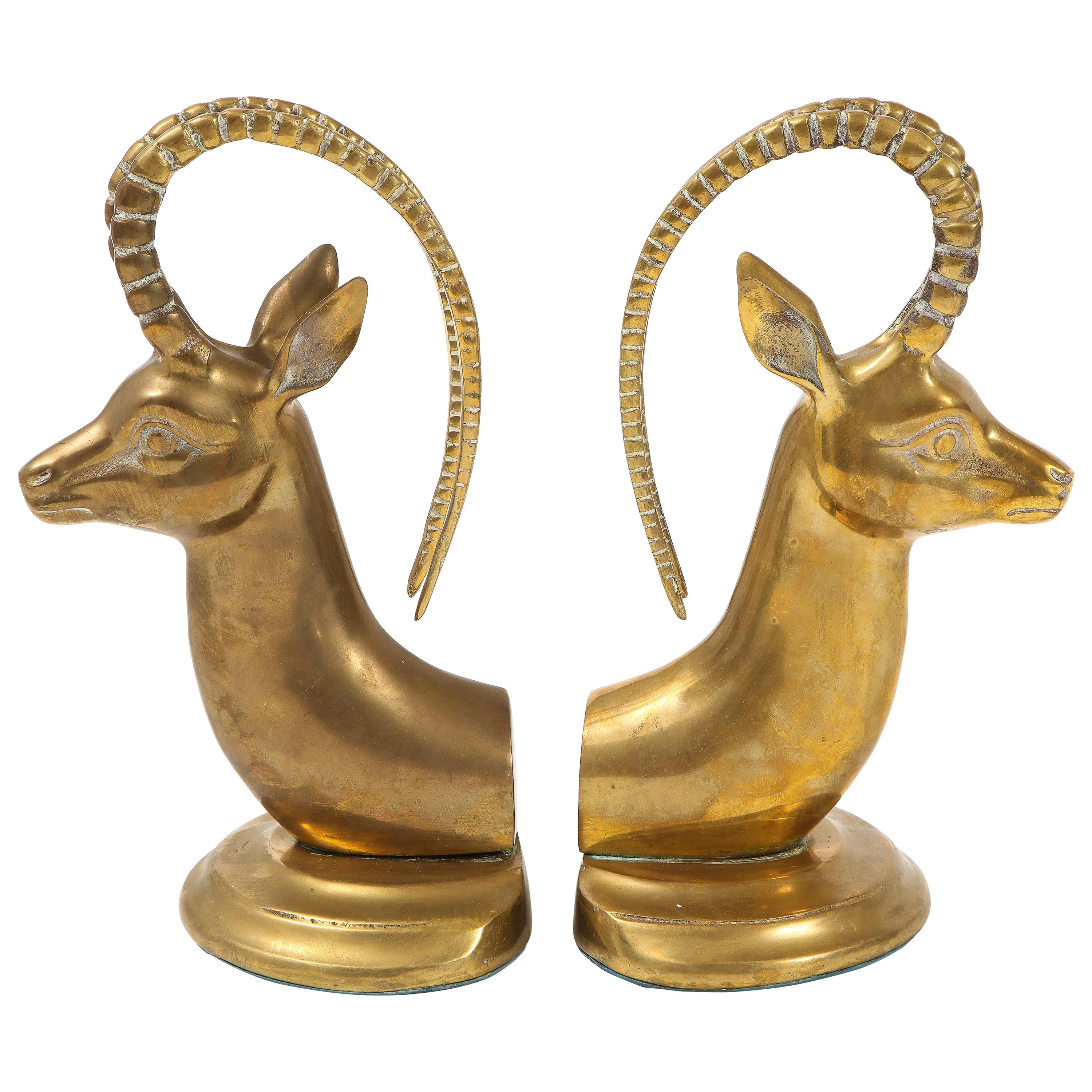 Large Aged Brass Ibex Bookends