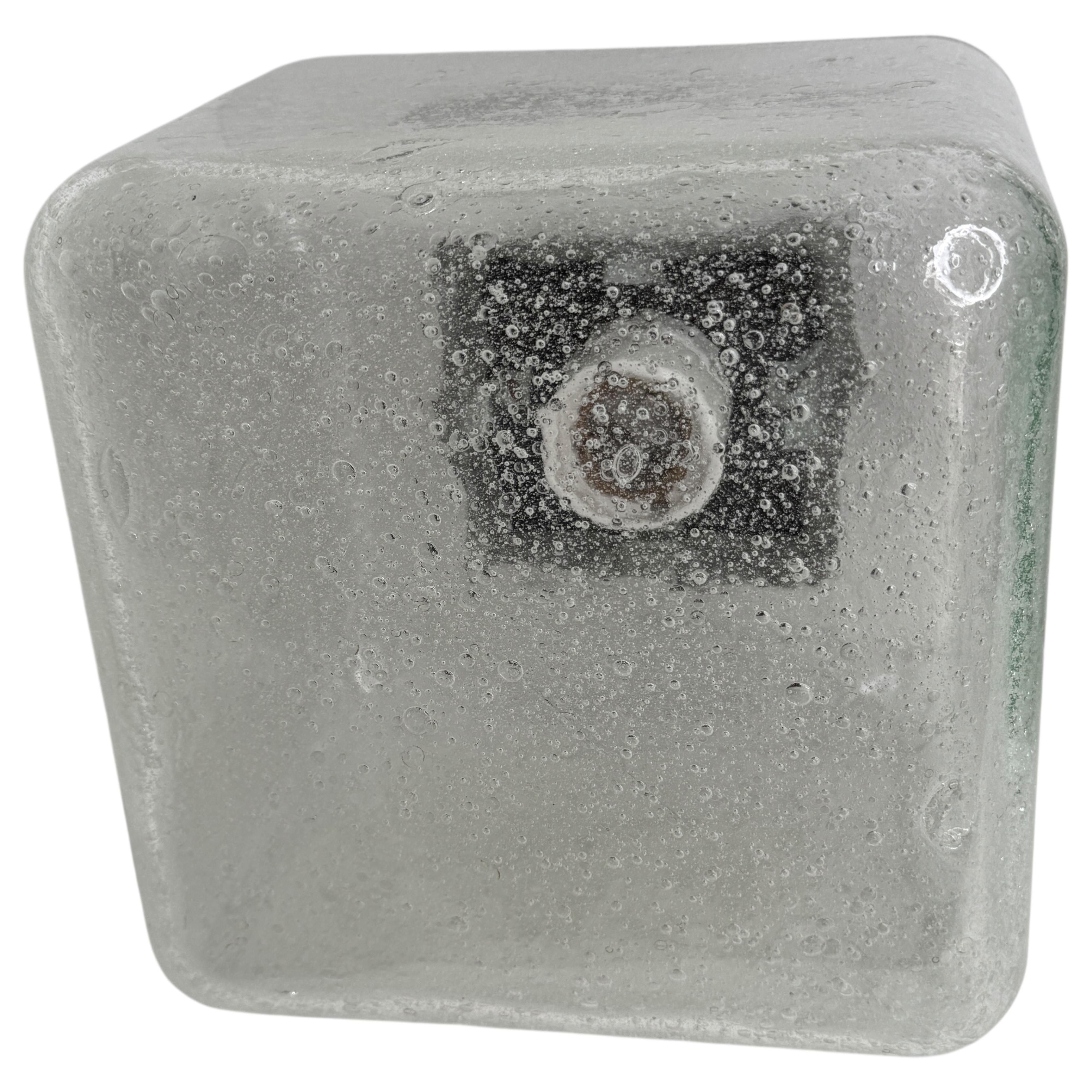 A stunning large Glass Cube Flush Mounts by Doria Leuchten Germany. A beautiful Glass with air bubbles inside on a bakelite plate in a Mid-Century Modern style design. The fixture requires an European E27 / 110 Volt Edison bulb, up to 100 watts.