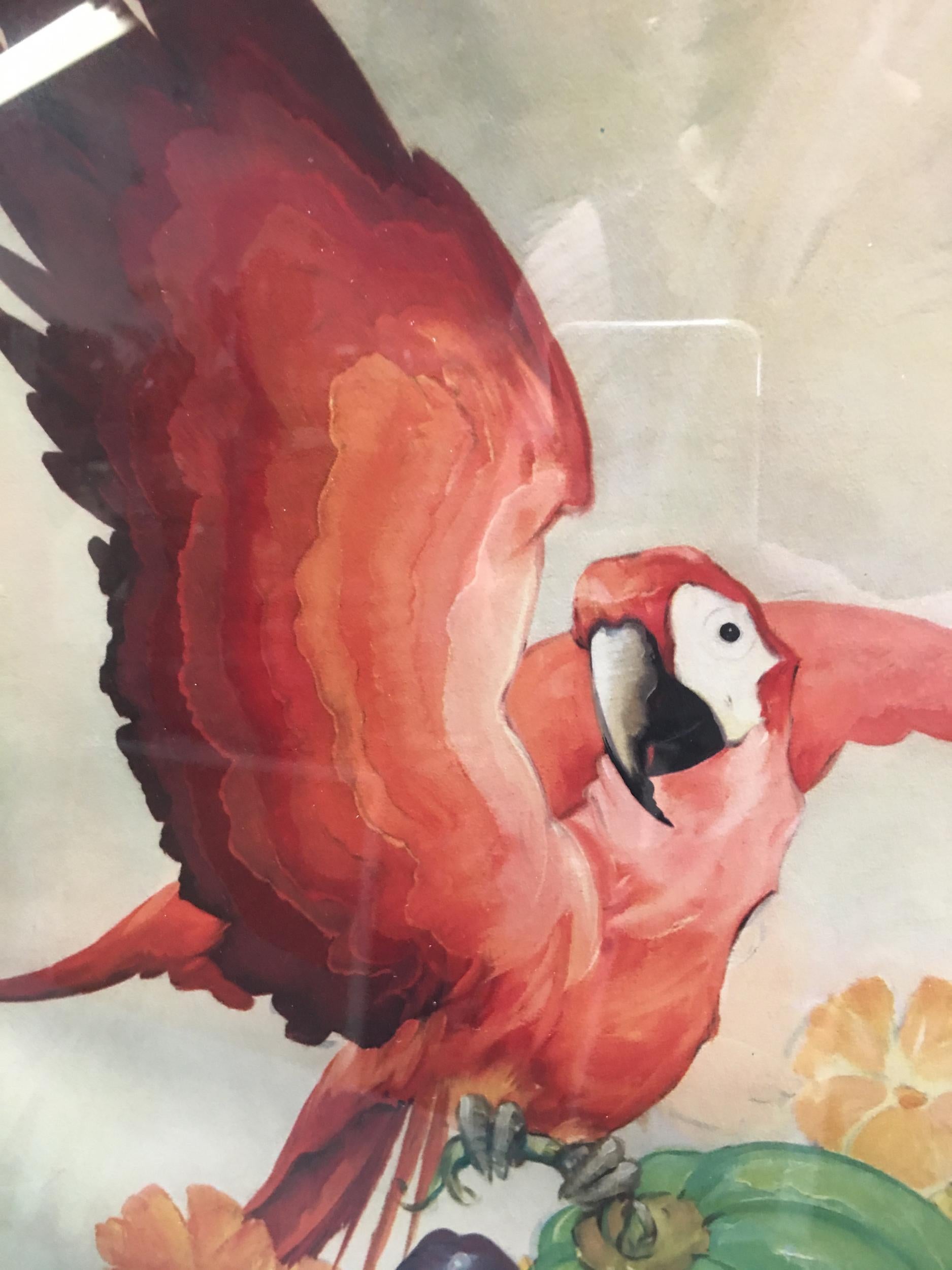 Billy Seay Airbrushed parrot (original airbrushed over a print) for the Turner Company, circa 1945, in the original mirrored frame. A great example of the post-WWII Hawaiian and tropical art/decorating boom. Great for vintage Art Deco dwellings and