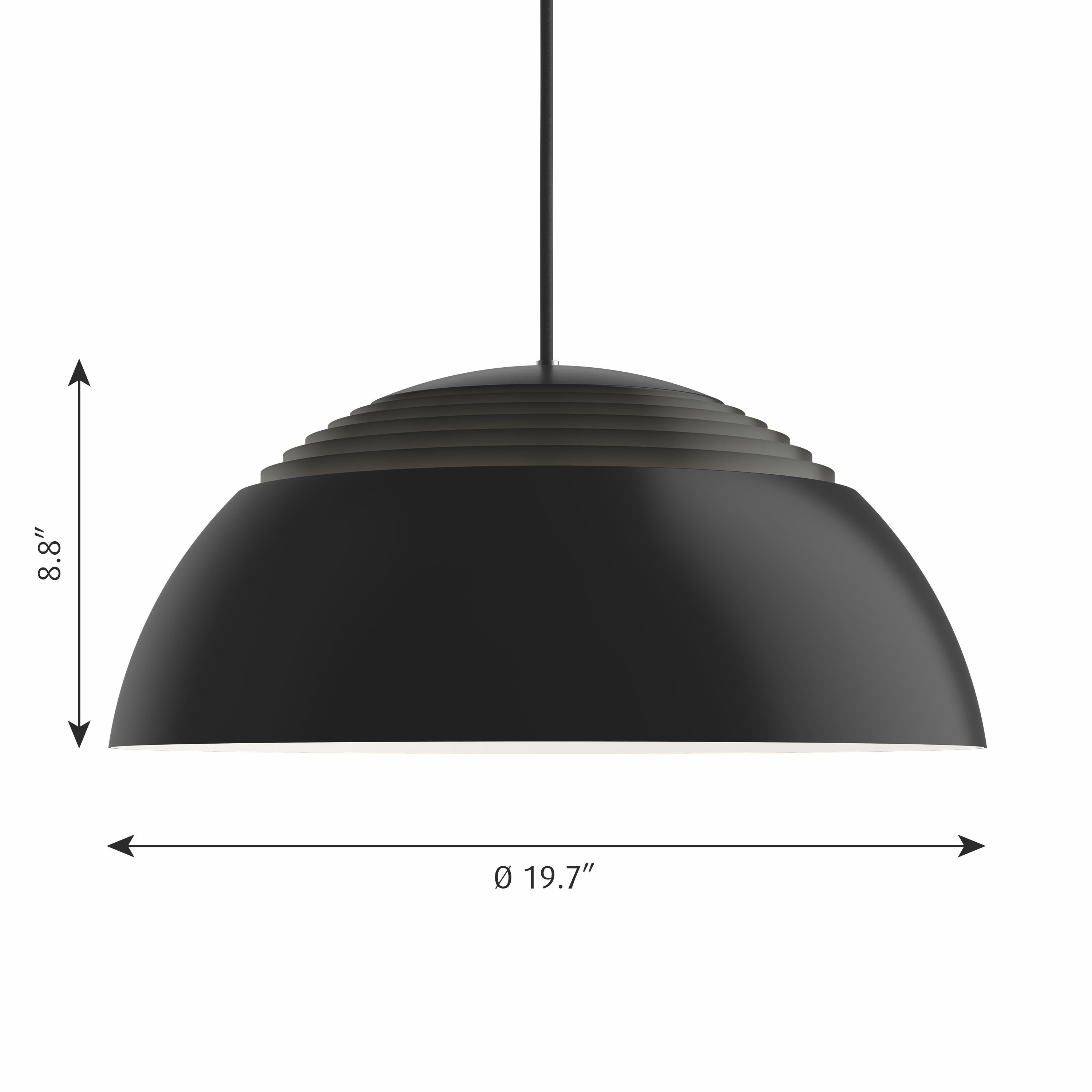 Large AJ Royal pendant in black by Arne Jacobsen for Louis Poulsen. Designed in 1960 by Arne Jacobsen for the SAS Royal Hotel in Copenhagen, the AJ Royal is an icon that follows Jacobsen's overall geometric shape concept. The spherical dome shape is