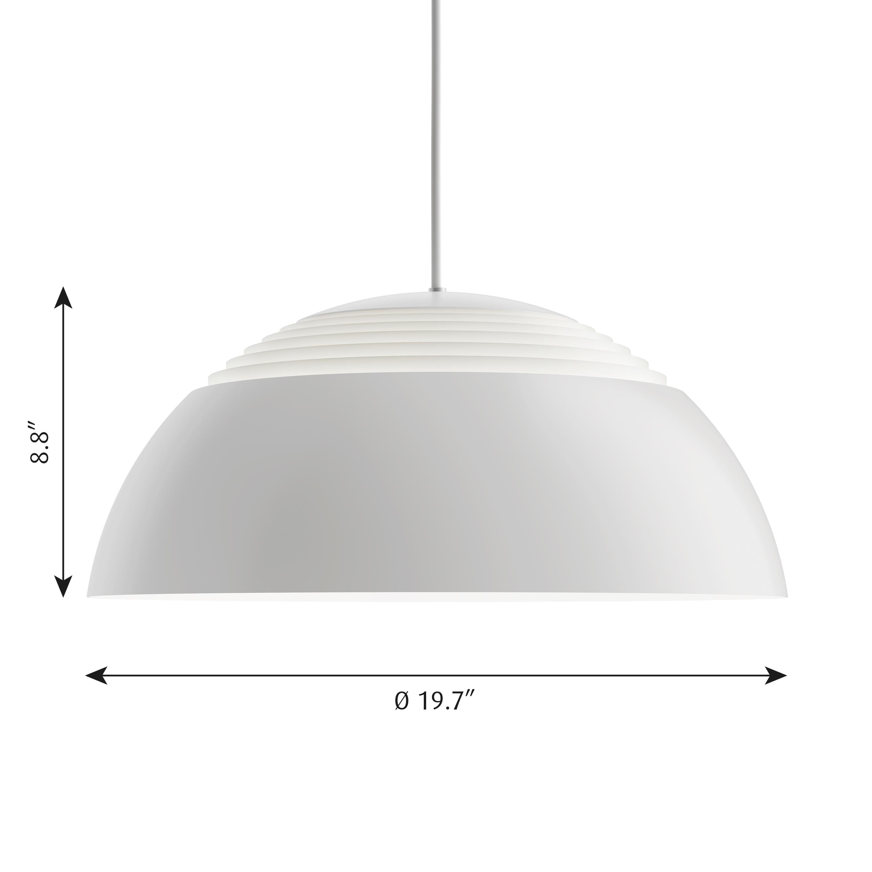 Large AJ Royal pendant in white by Arne Jacobsen for Louis Poulsen. Designed in 1960 by Arne Jacobsen for the SAS Royal Hotel in Copenhagen, the AJ Royal is an icon that follows Jacobsen's overall geometric shape concept. The spherical dome shape is