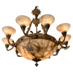 Large alabaster and bronze chandelier with 15 lights