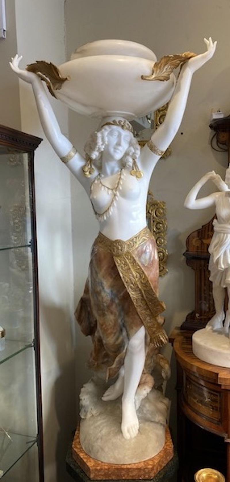 Art Deco Large Alabaster Female Figure with Light  & Pedestal by Giuseppe Gambogi, C.1910
