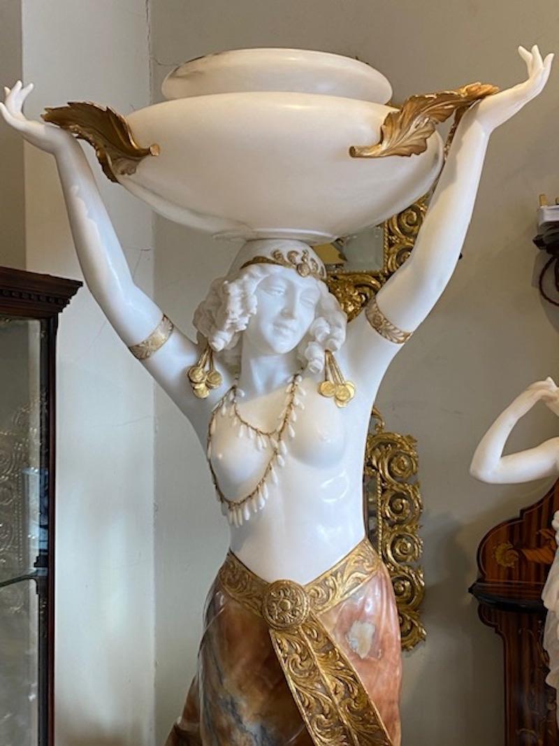 Italian Large Alabaster Female Figure with Light  & Pedestal by Giuseppe Gambogi, C.1910
