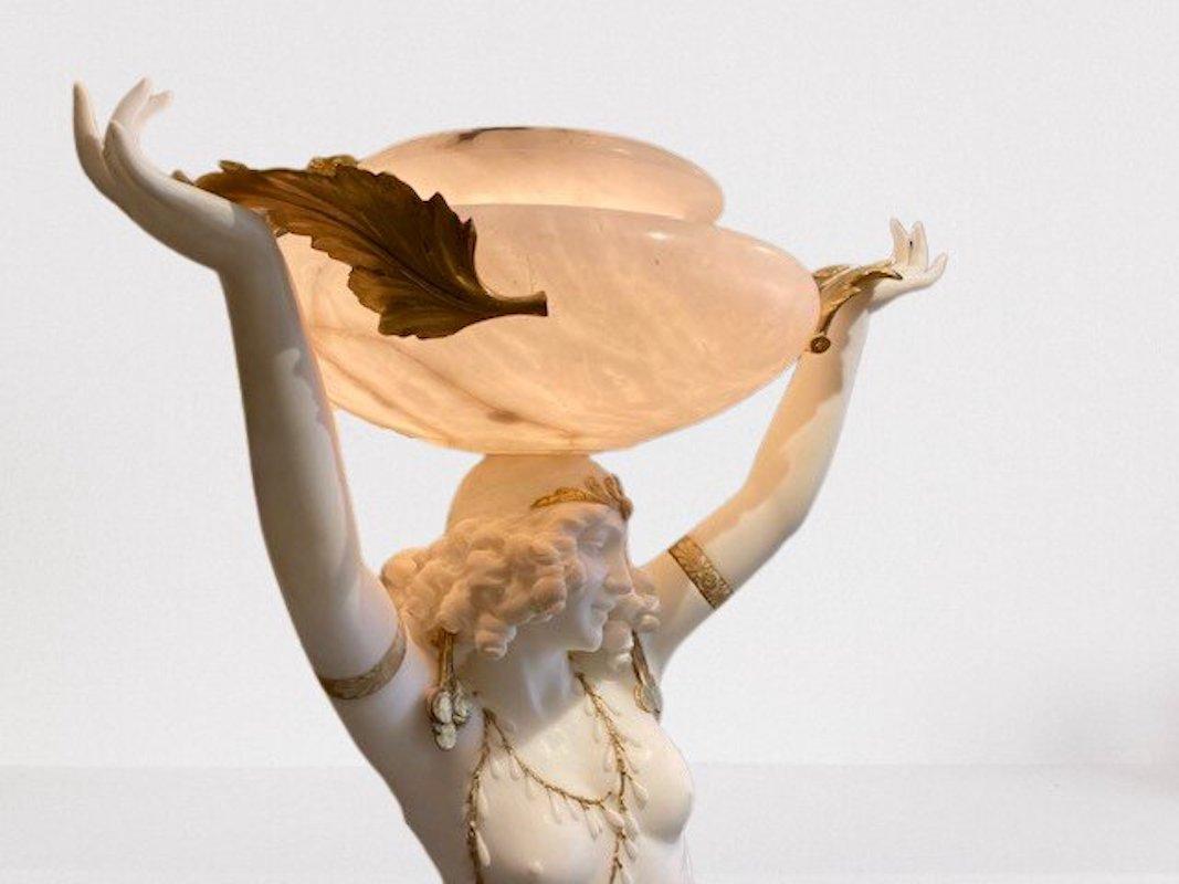 Hand-Carved Large Alabaster Female Figure with Light  & Pedestal by Giuseppe Gambogi, C.1910