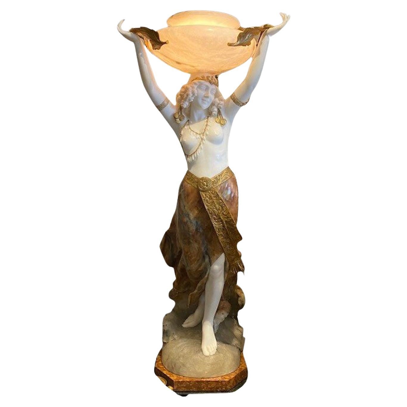 Large Alabaster Female Figure with Light  & Pedestal by Giuseppe Gambogi, C.1910