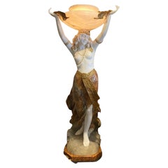 Large Alabaster Female Figure with Light  & Pedestal by Giuseppe Gambogi, C.1910