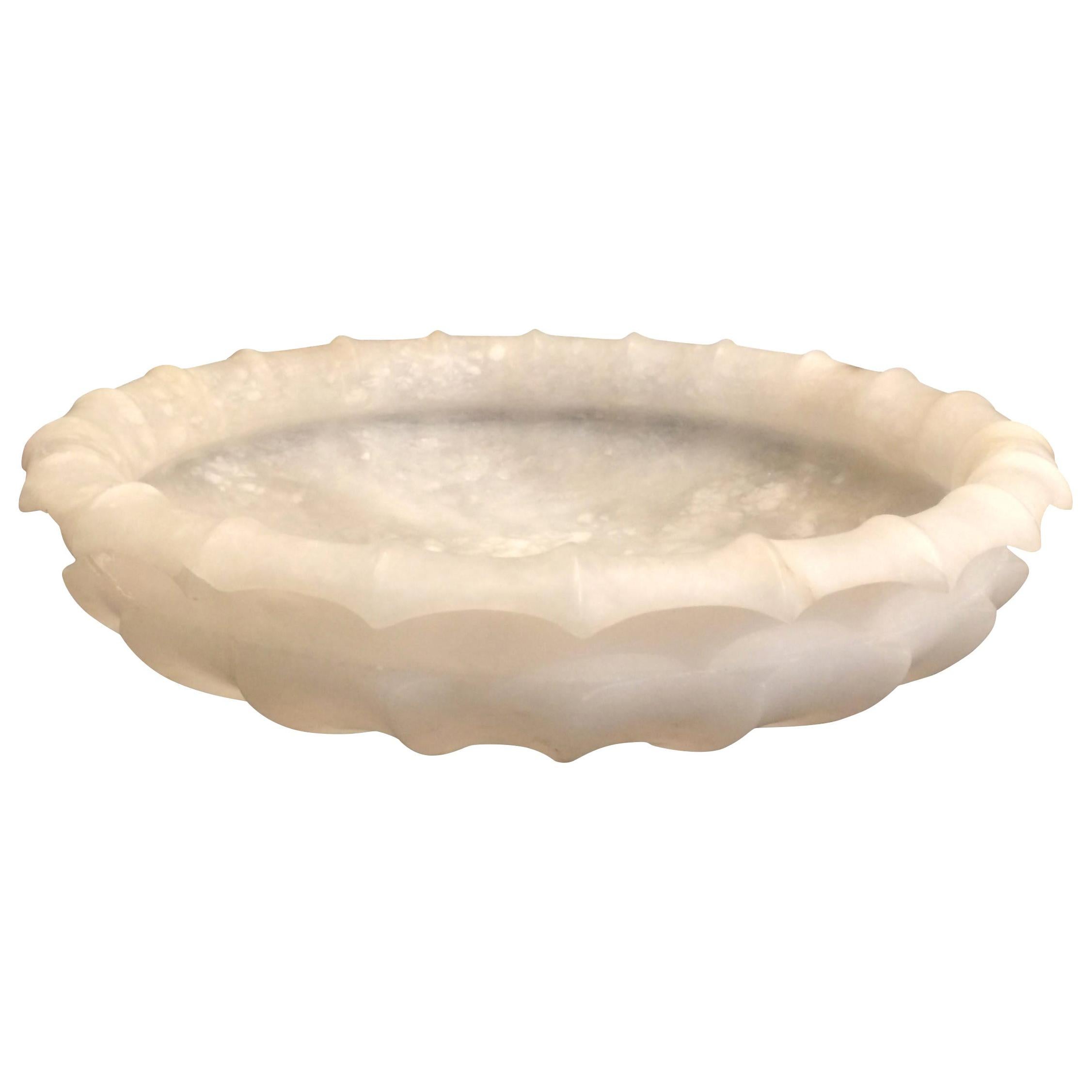 White Scalloped Edge Large Alabaster  Round Bowl, Italy, Contemporary
