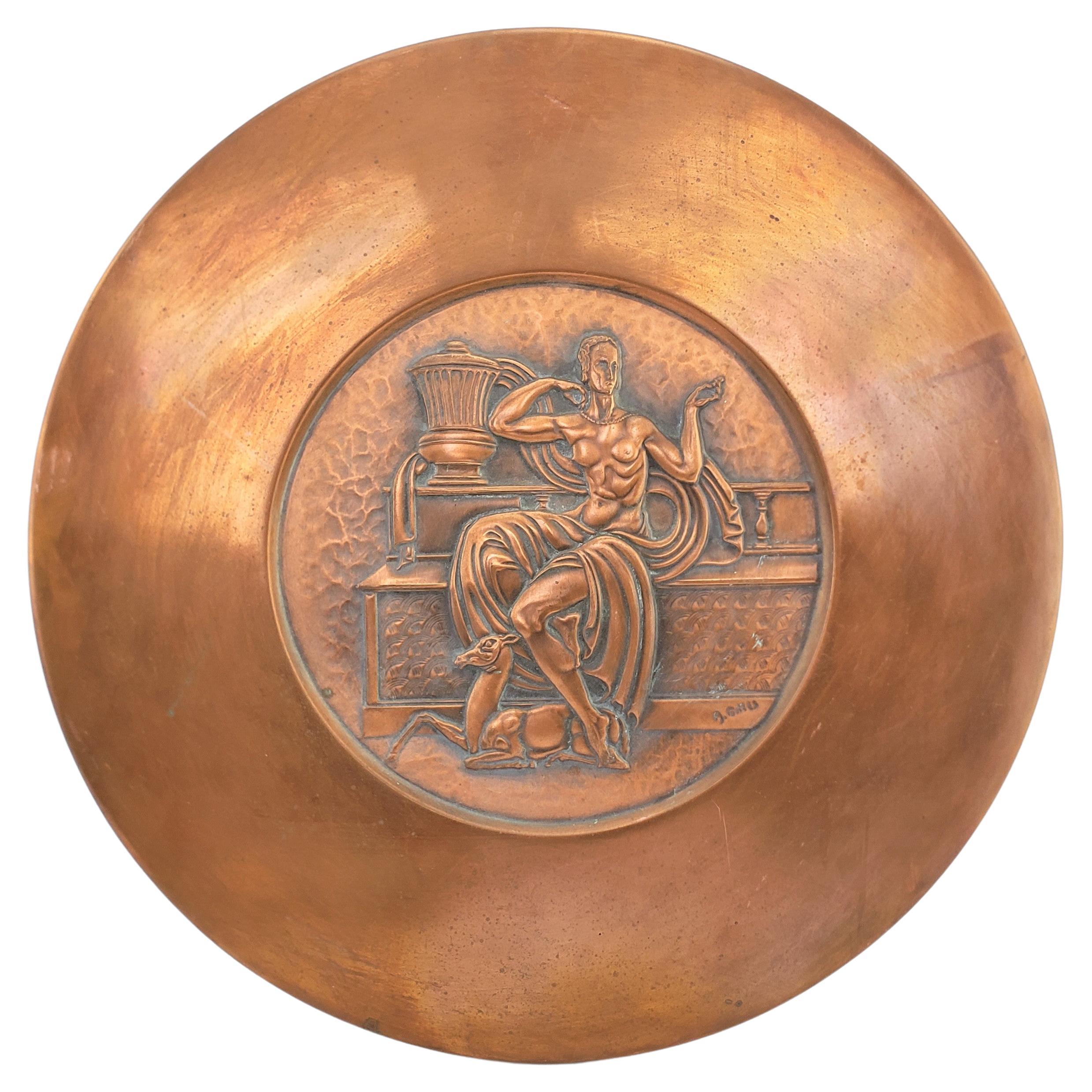 Large Albert Gilles Round Copper Wall Plaque of a Semi Nude Neoclassical Figure For Sale