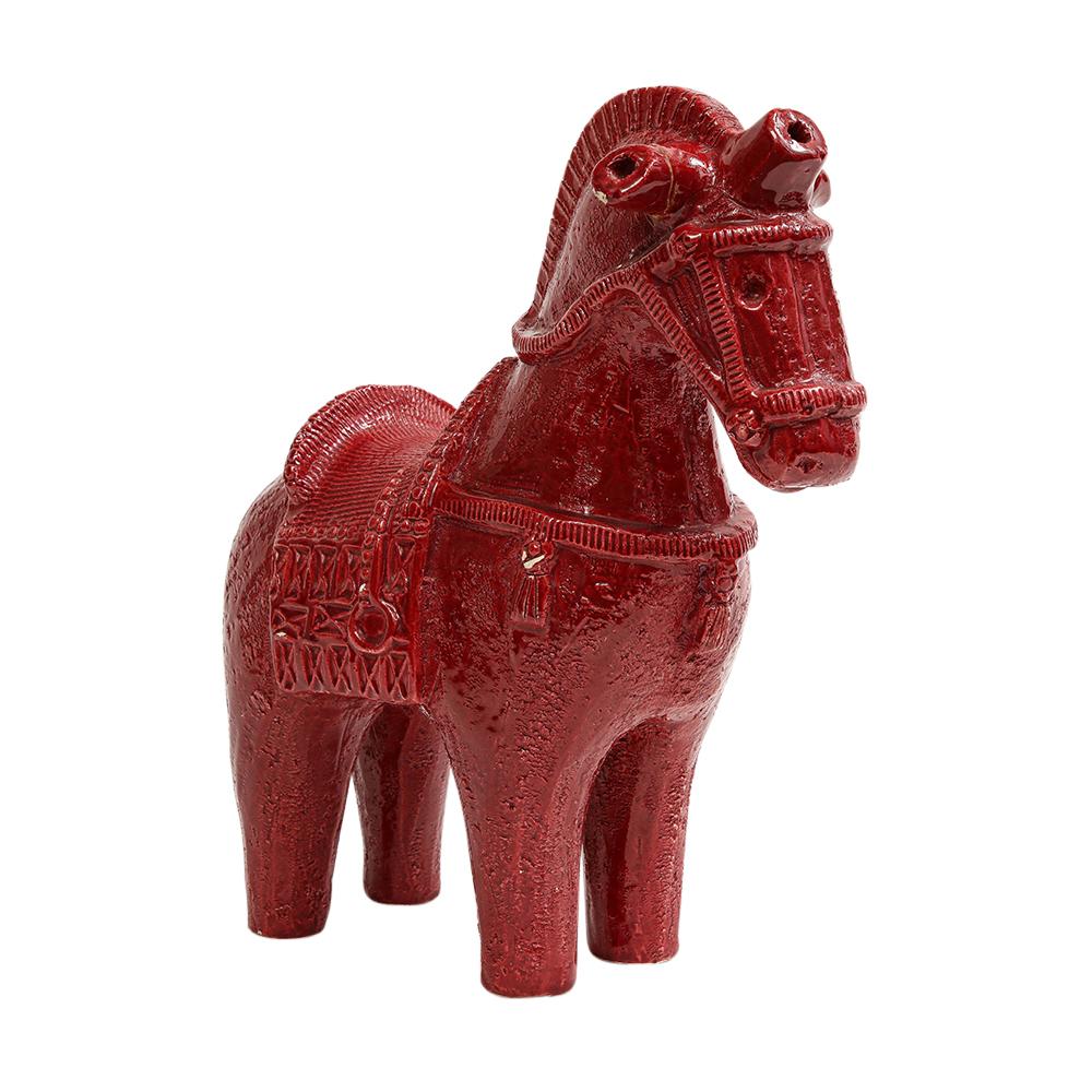 Großes Aldo Londi Bitossi Pferd, Keramik, rot, signiert. Großformatige Tischskulptur, glasiert in einem satten Dunkelrot. Auf der Unterseite signiert 