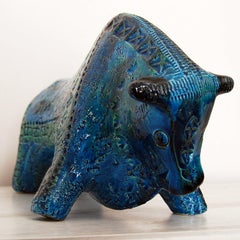 Large Aldo Londi Bitossi Rimini Blue Bull Italy, 1960s