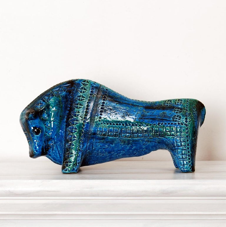 Large Aldo Londi Bitossi Rimini Blue Bull Italy, 1960s at 1stDibs