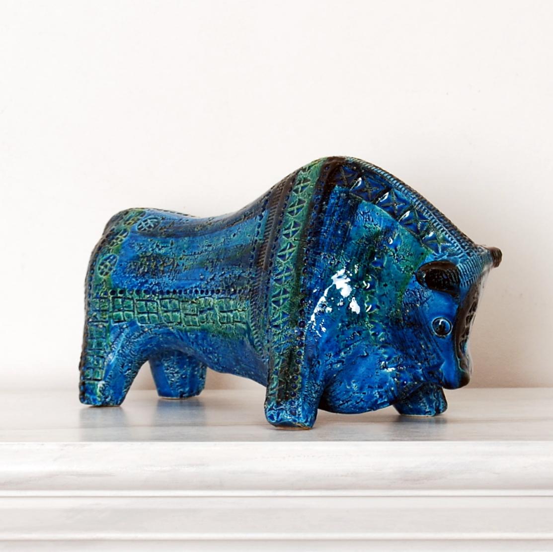 Mid-Century Modern Large Aldo Londi Bitossi Rimini Blue Bull Italy, 1960s