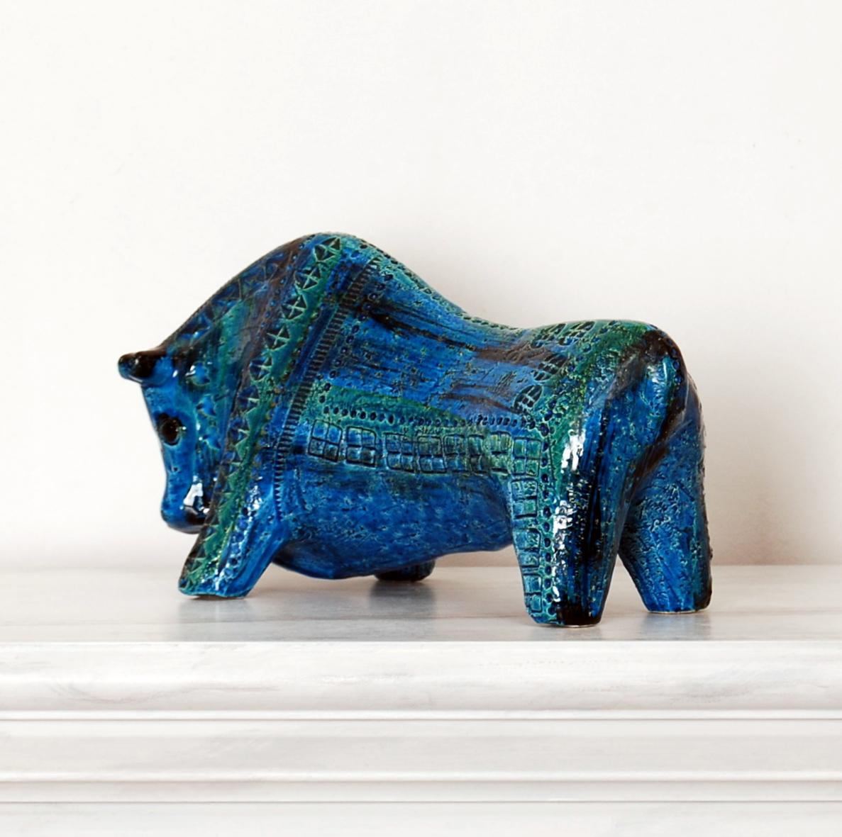 Italian Large Aldo Londi Bitossi Rimini Blue Bull Italy, 1960s