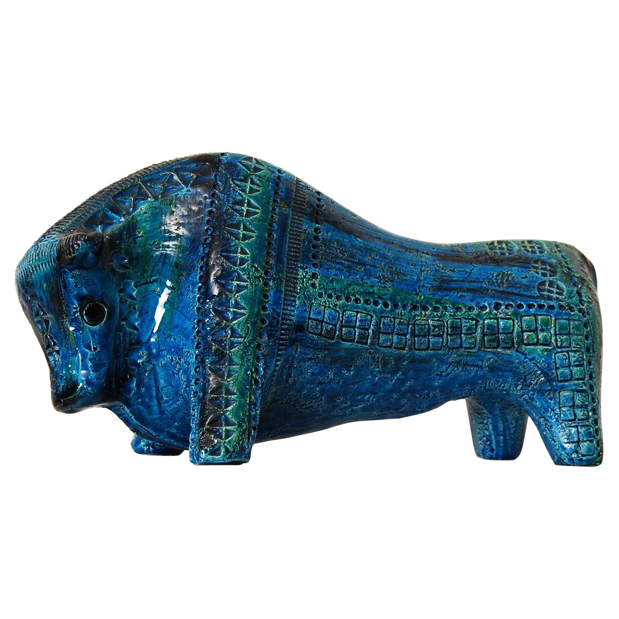 Large Aldo Londi Bitossi Rimini Blue Bull Italy, 1960s