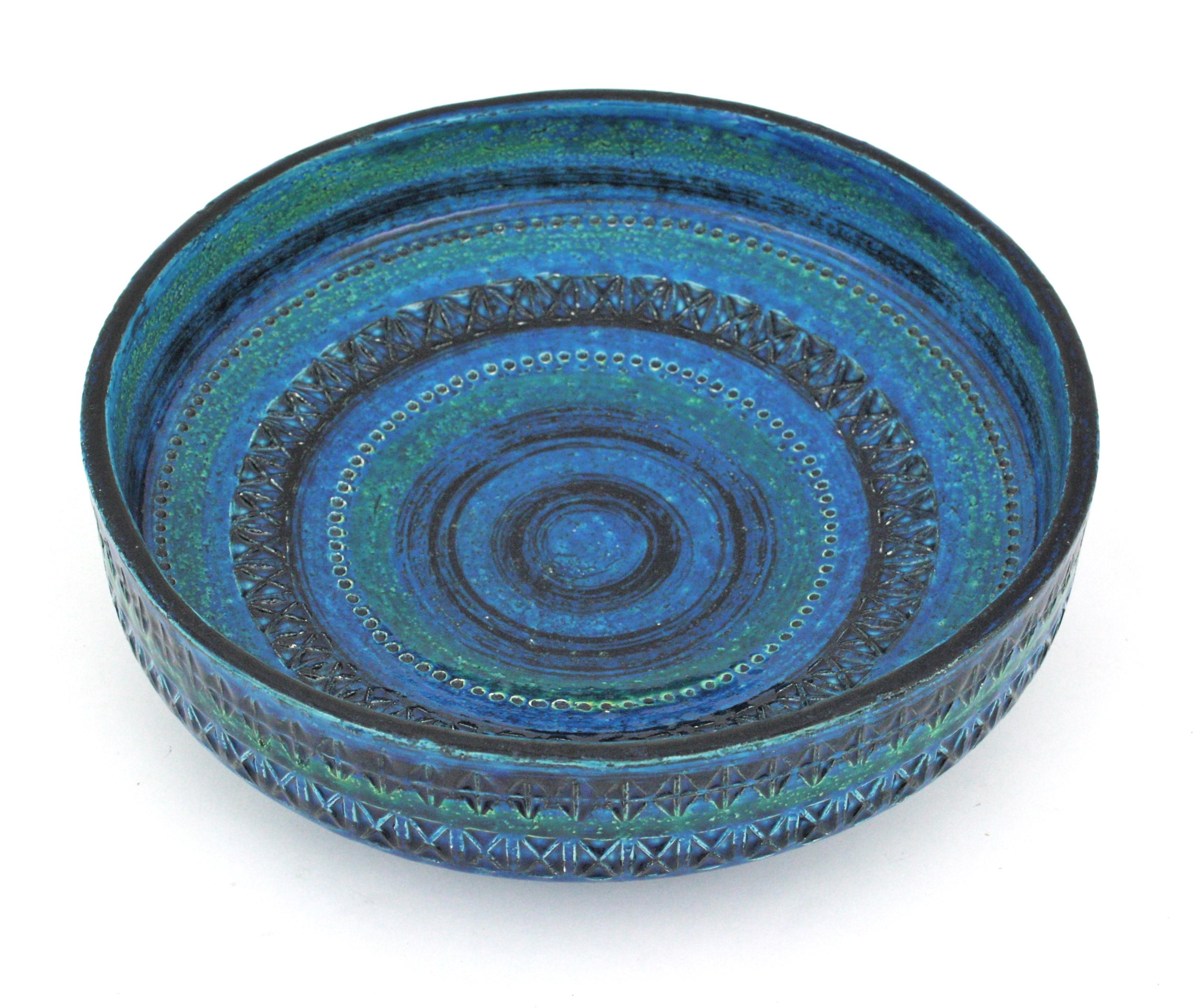 Large Aldo Londi Bitossi Rimini Blue Glazed Ceramic Centerpiece Bowl, 1950s For Sale 3