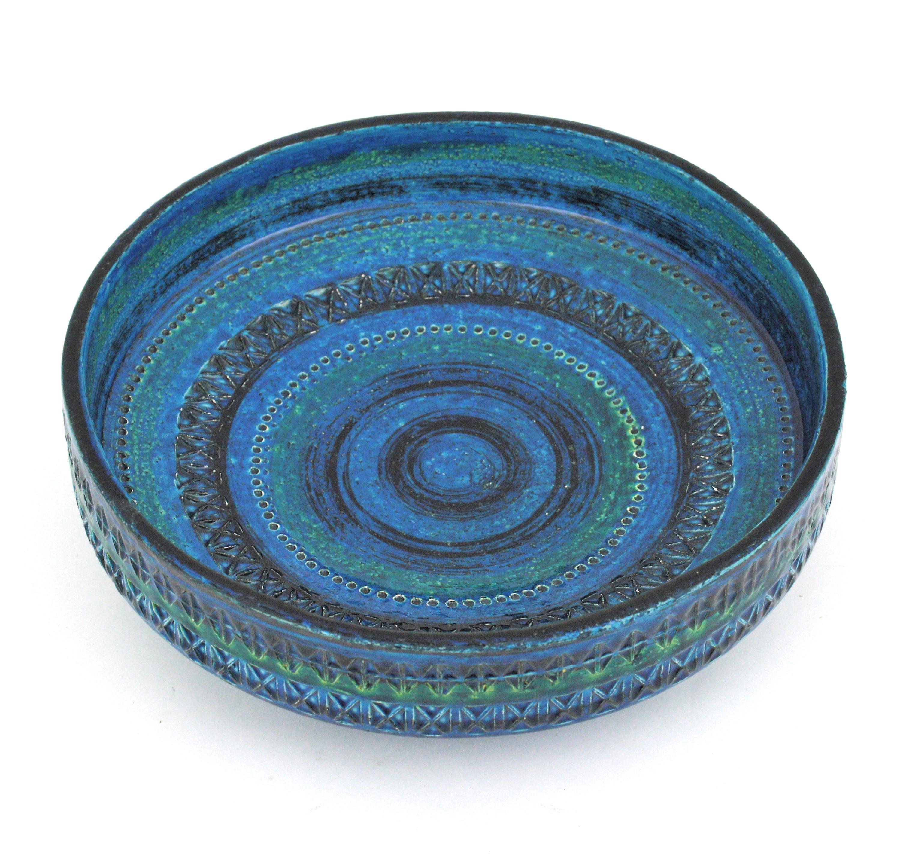 Italian Large Aldo Londi Bitossi Rimini Blue Glazed Ceramic Centerpiece Bowl, 1950s For Sale