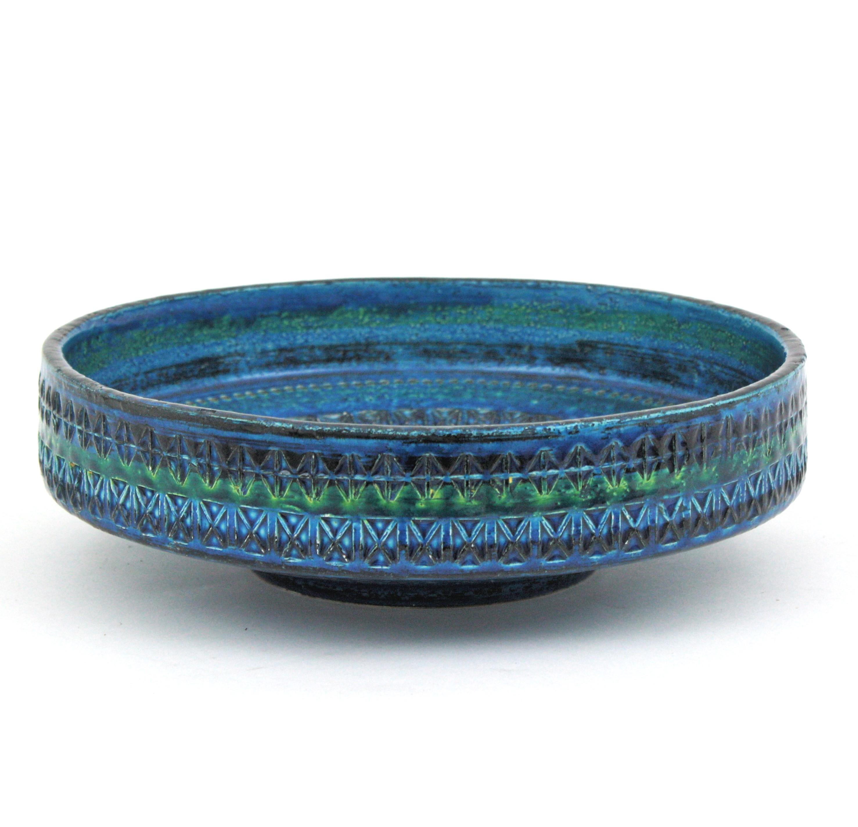20th Century Large Aldo Londi Bitossi Rimini Blue Glazed Ceramic Centerpiece Bowl, 1950s For Sale