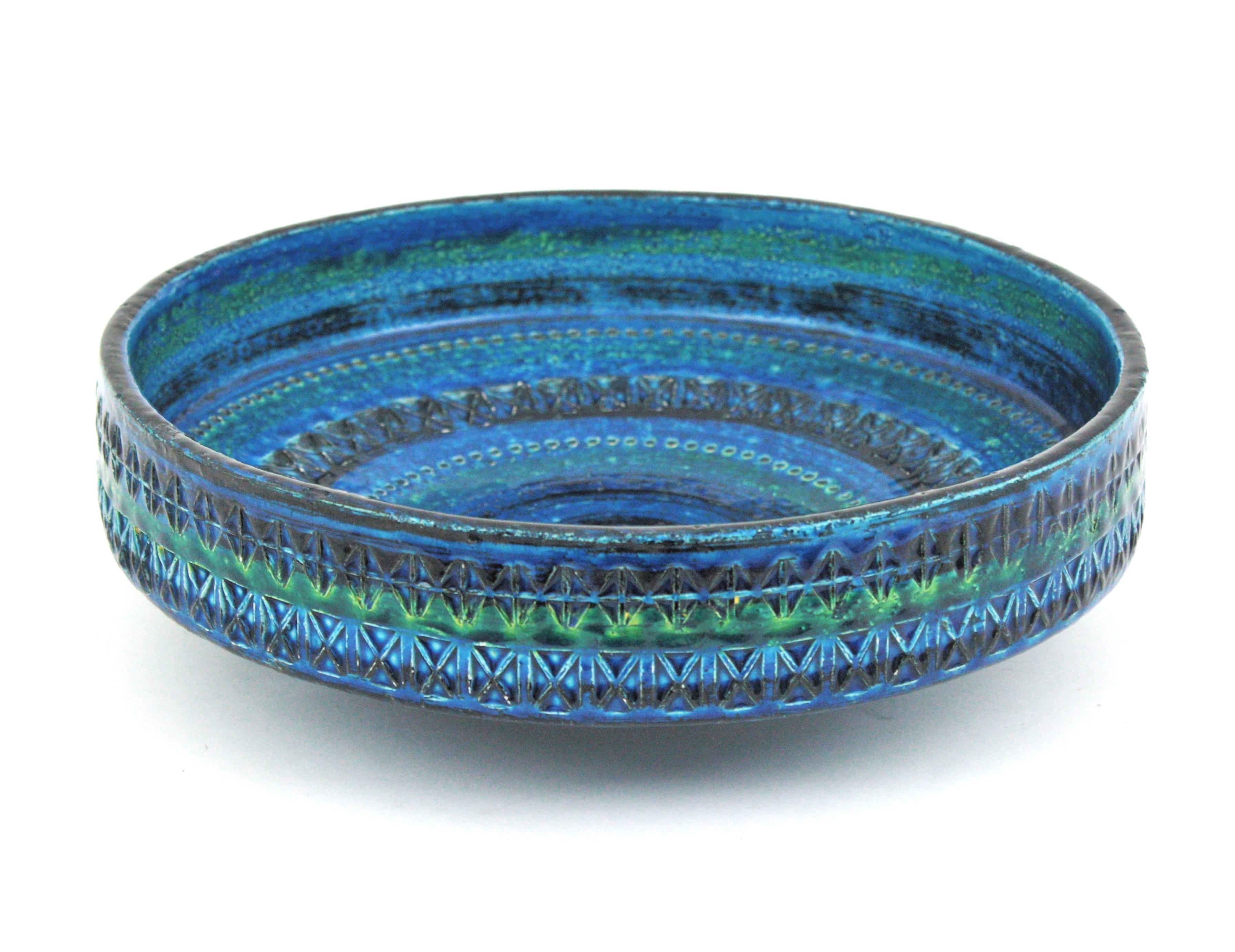 Pottery Large Aldo Londi Bitossi Rimini Blue Glazed Ceramic Centerpiece Bowl, 1950s For Sale