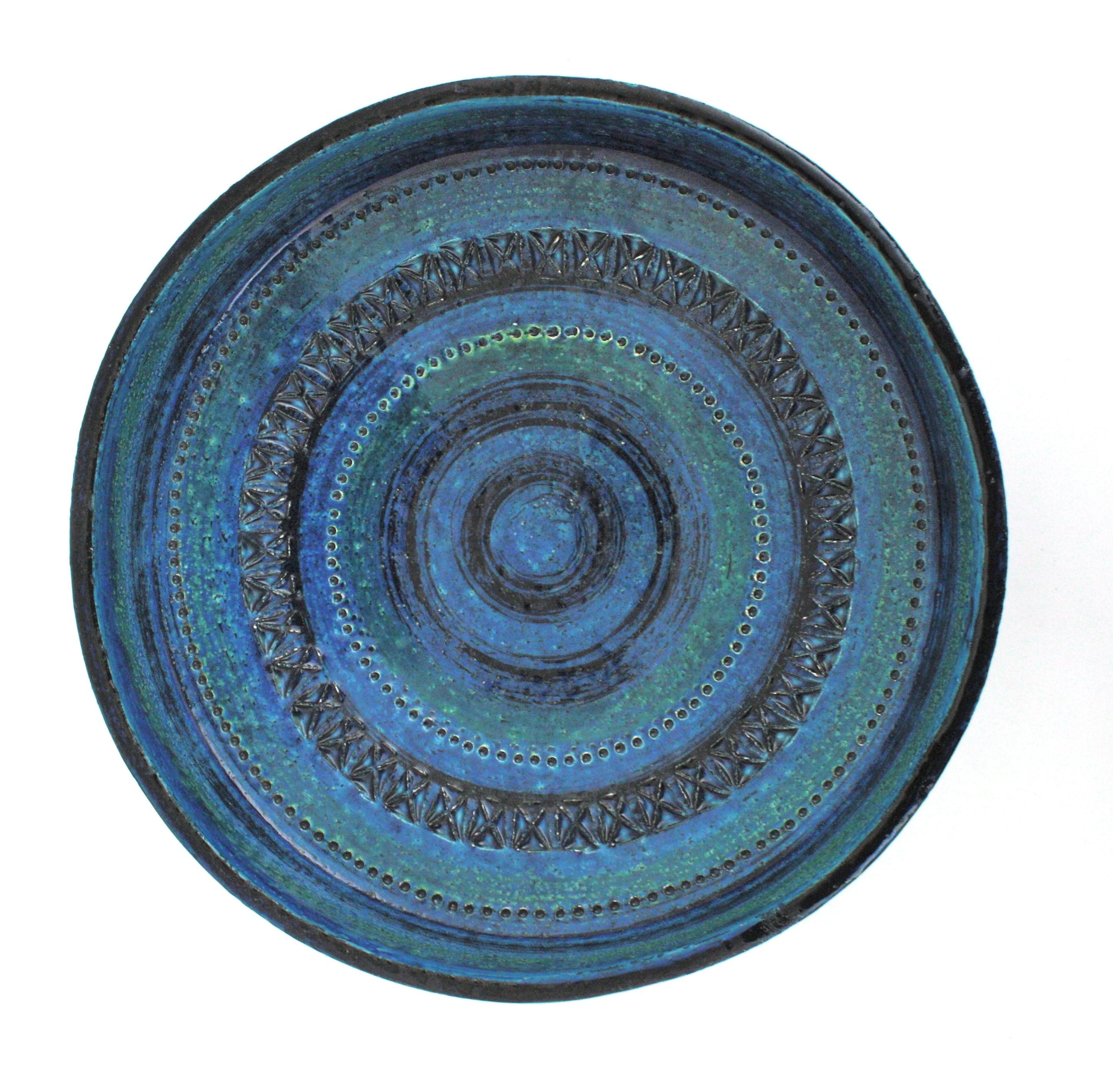 Large Aldo Londi Bitossi Rimini Blue Glazed Ceramic Centerpiece Bowl, 1950s For Sale 1