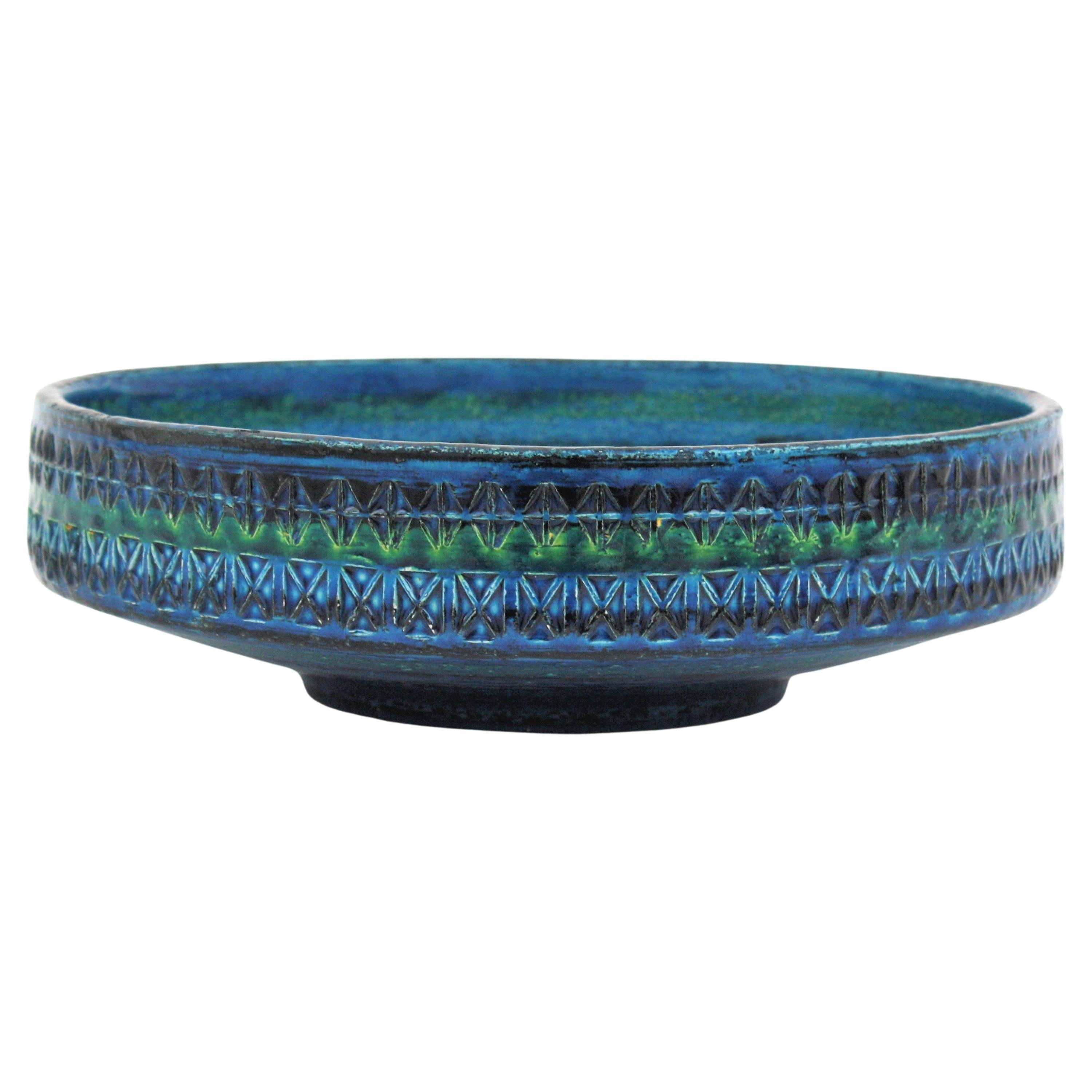 Large Aldo Londi Bitossi Rimini Blue Glazed Ceramic Centerpiece Bowl, 1950s