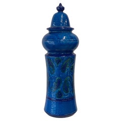 Gran jarrón de cerámica esmaltada azul Aldo Londi Bitossi Rimini, Italia Años 60