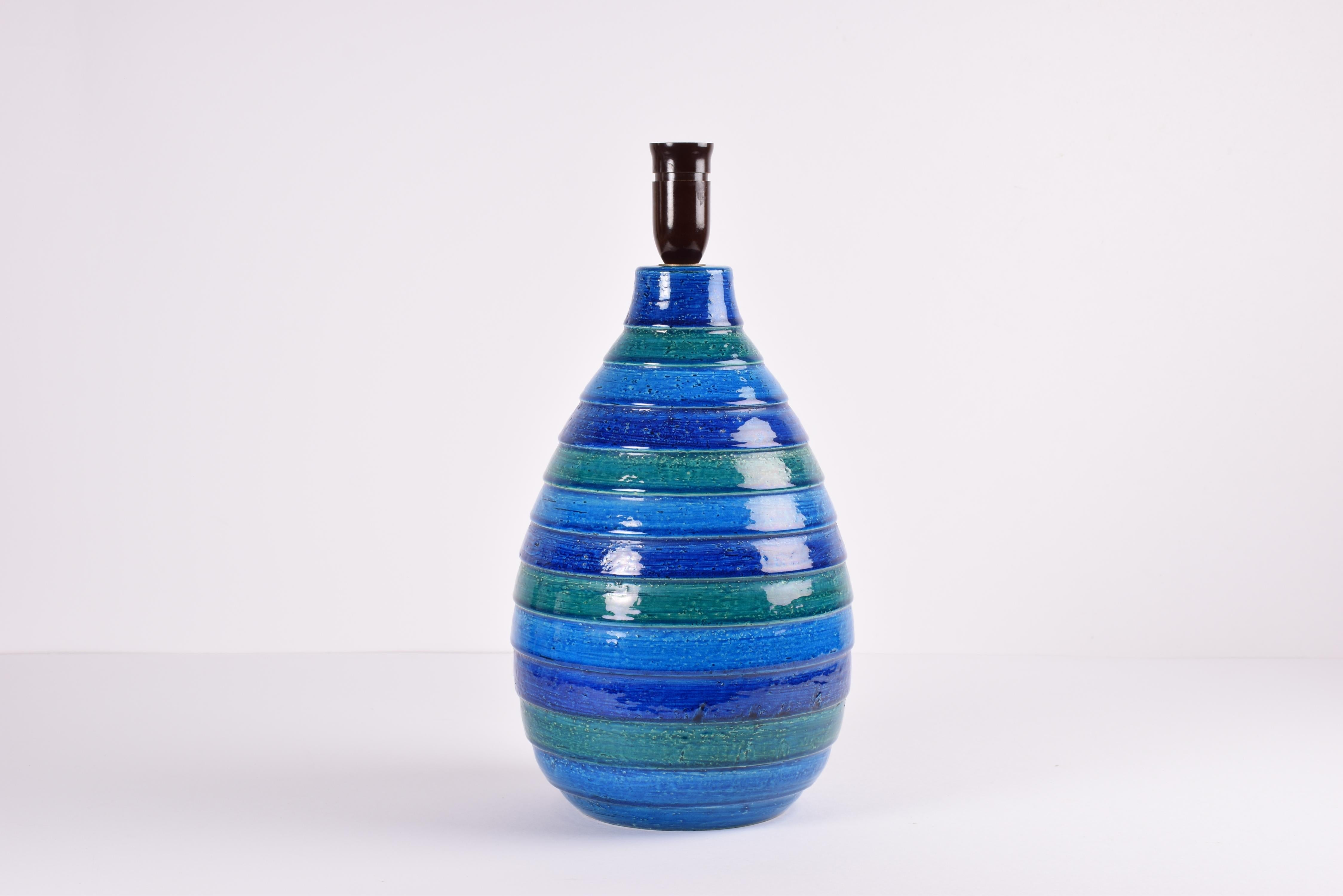 Glazed Large Aldo Londi for Bitossi Table Lamp Blue Green Stripes Italian Ceramic 1960s For Sale