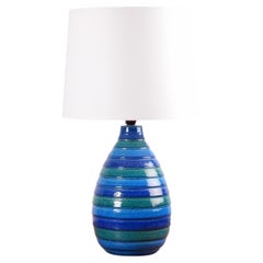 Large Aldo Londi for Bitossi Table Lamp Blue Green Stripes Italian Ceramic 1960s