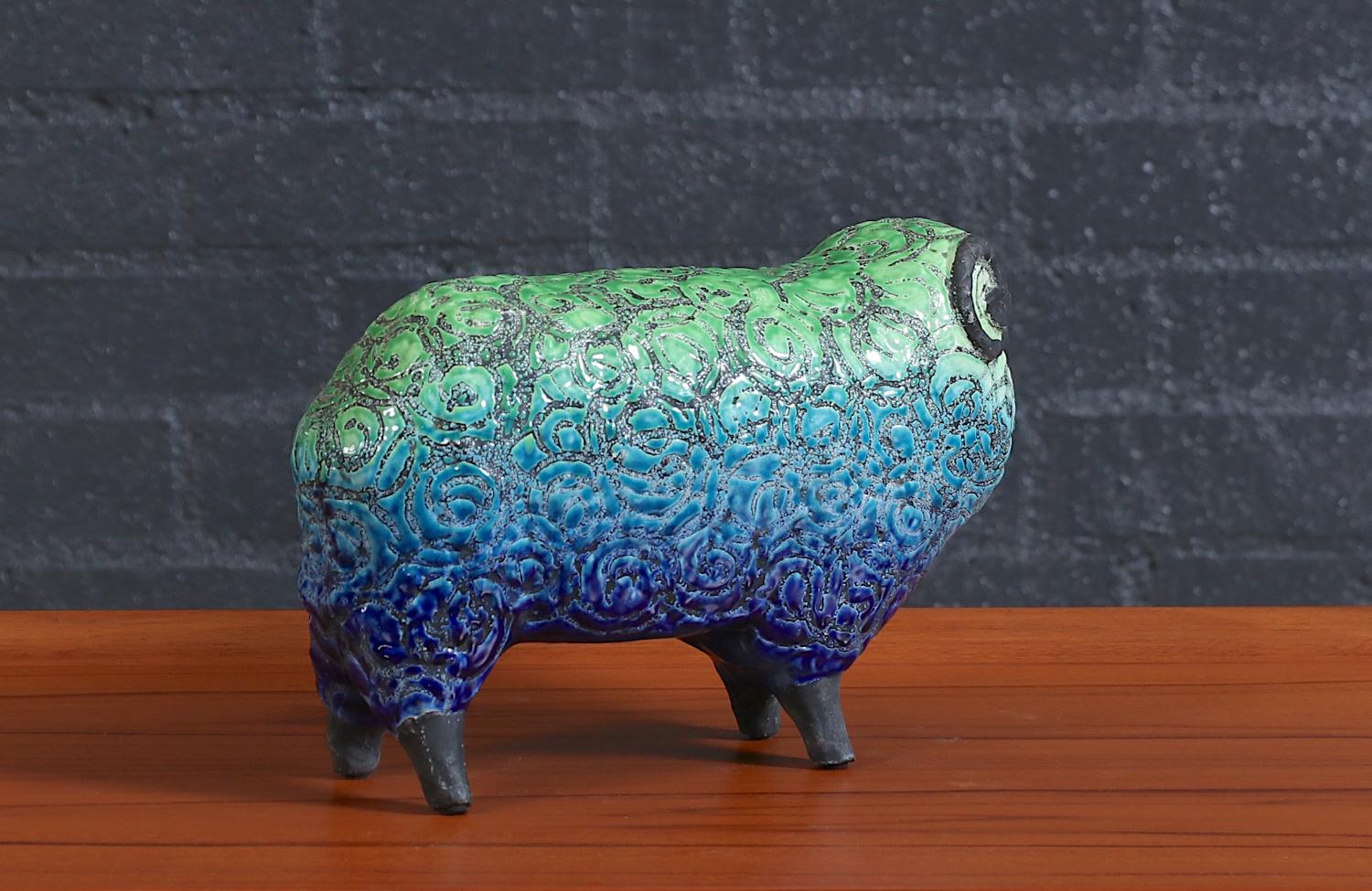 Gran escultura de carnero de cerámica esmaltada de Aldo Londi para Bitossi Studio Glaseado en venta