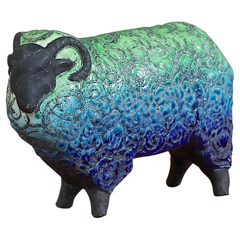 Large Aldo Londi Glazed Ceramic Ram Sculpture for Bitossi Studio