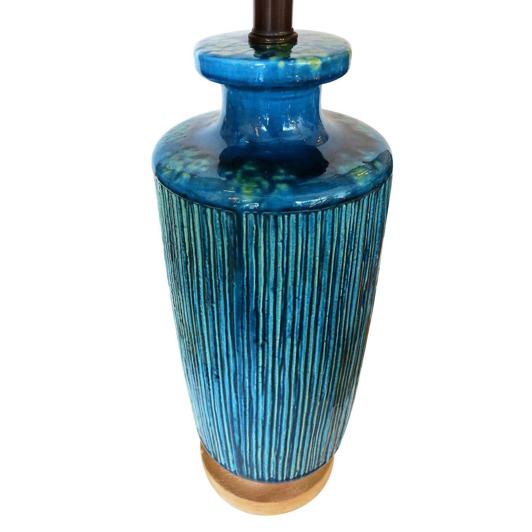 Mid-Century Modern Large Aldo Londi Style Blue Rimini Art Pottery Lamp For Sale