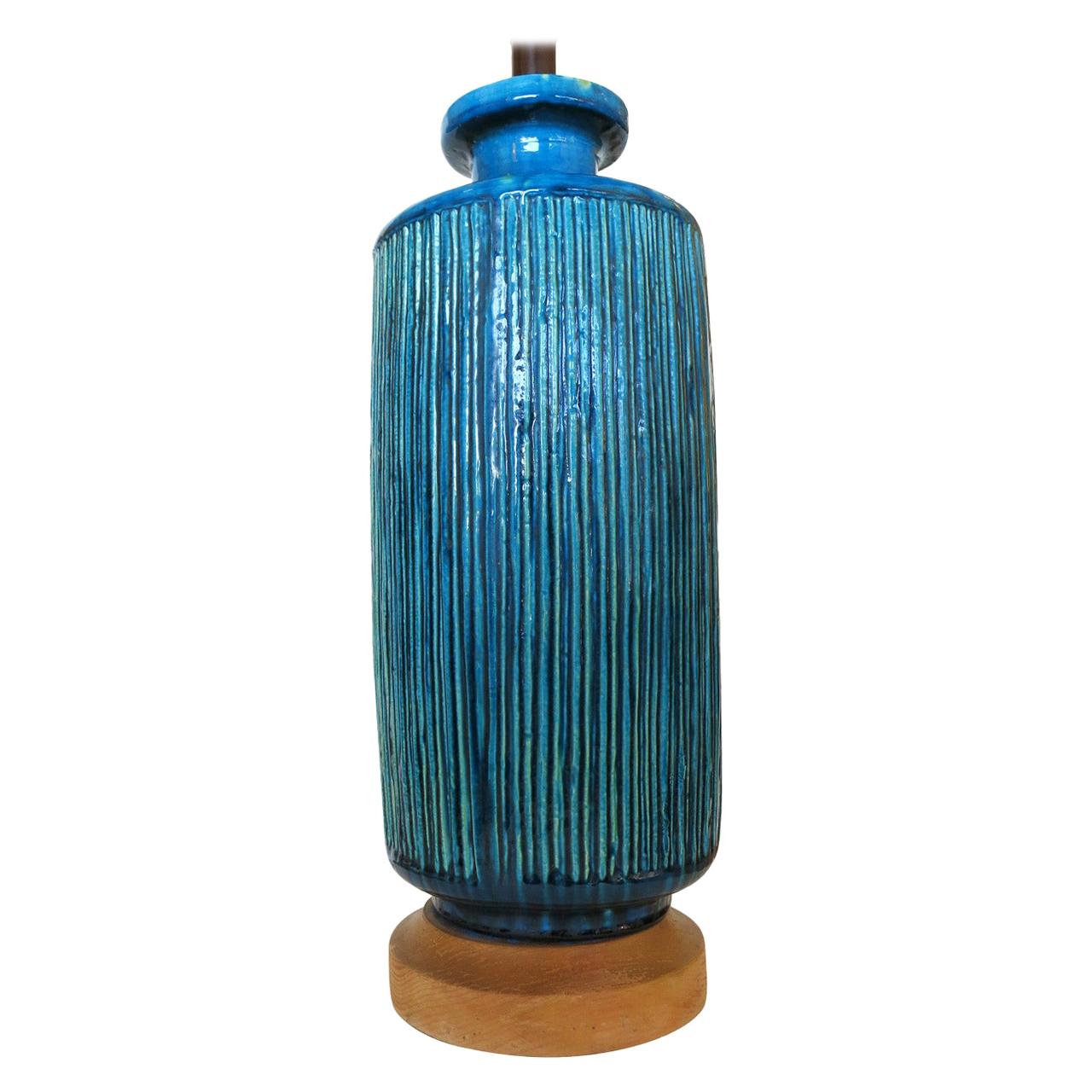 Large Aldo Londi Style Blue Rimini Art Pottery Lamp For Sale