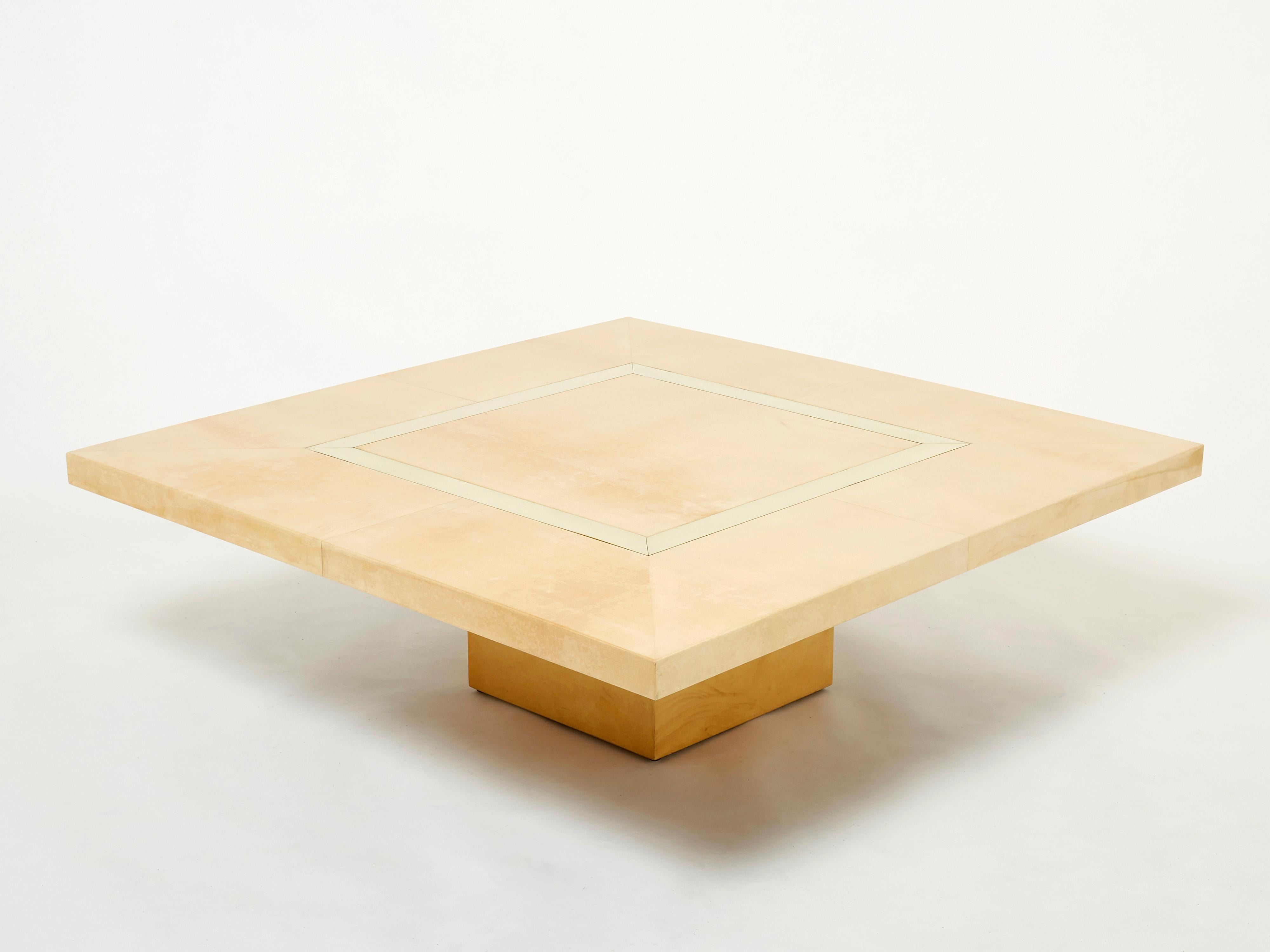 Large Aldo Tura Goatskin Beige Parchment Brass Coffee Table, 1960 In Good Condition In Paris, IDF