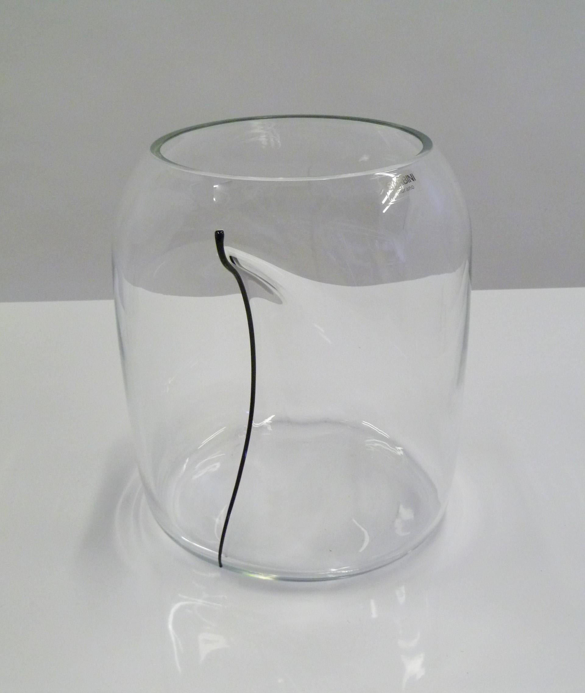 Italian Large Alfredo Barbini Clear Murano Glass Vase Indented with Black Stripe