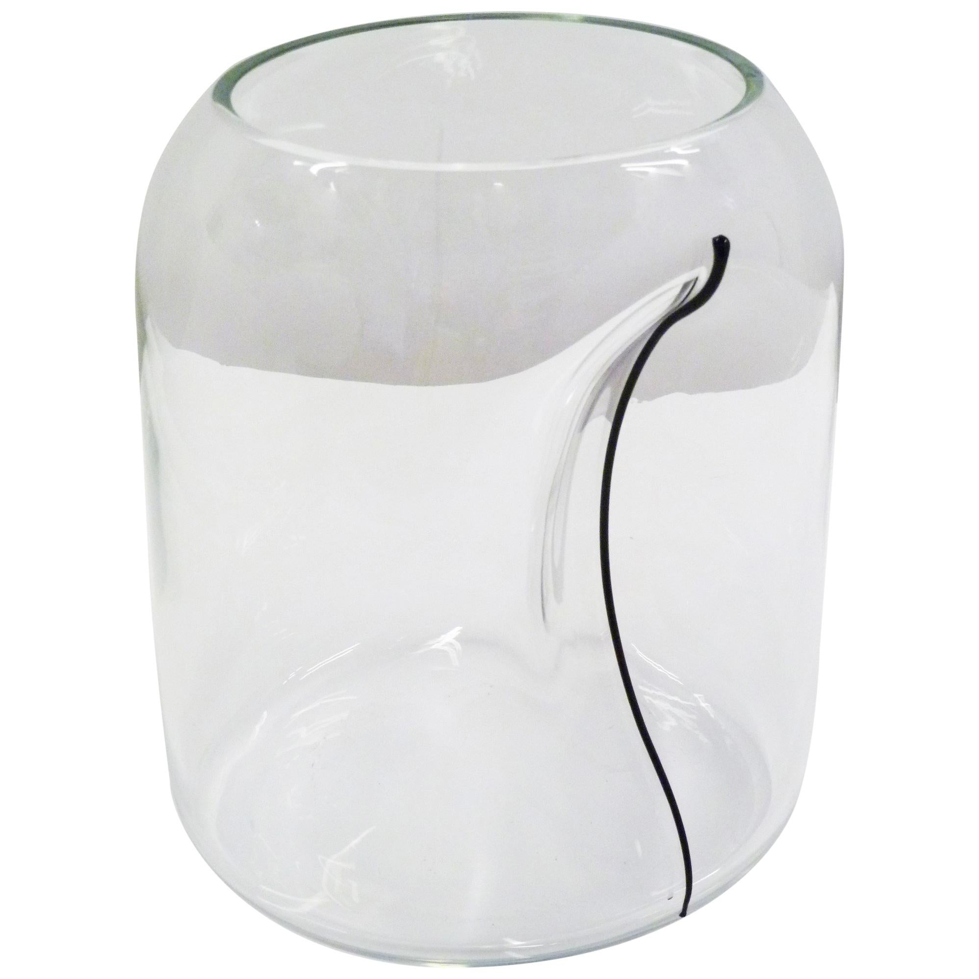 Large Alfredo Barbini Clear Murano Glass Vase Indented with Black Stripe